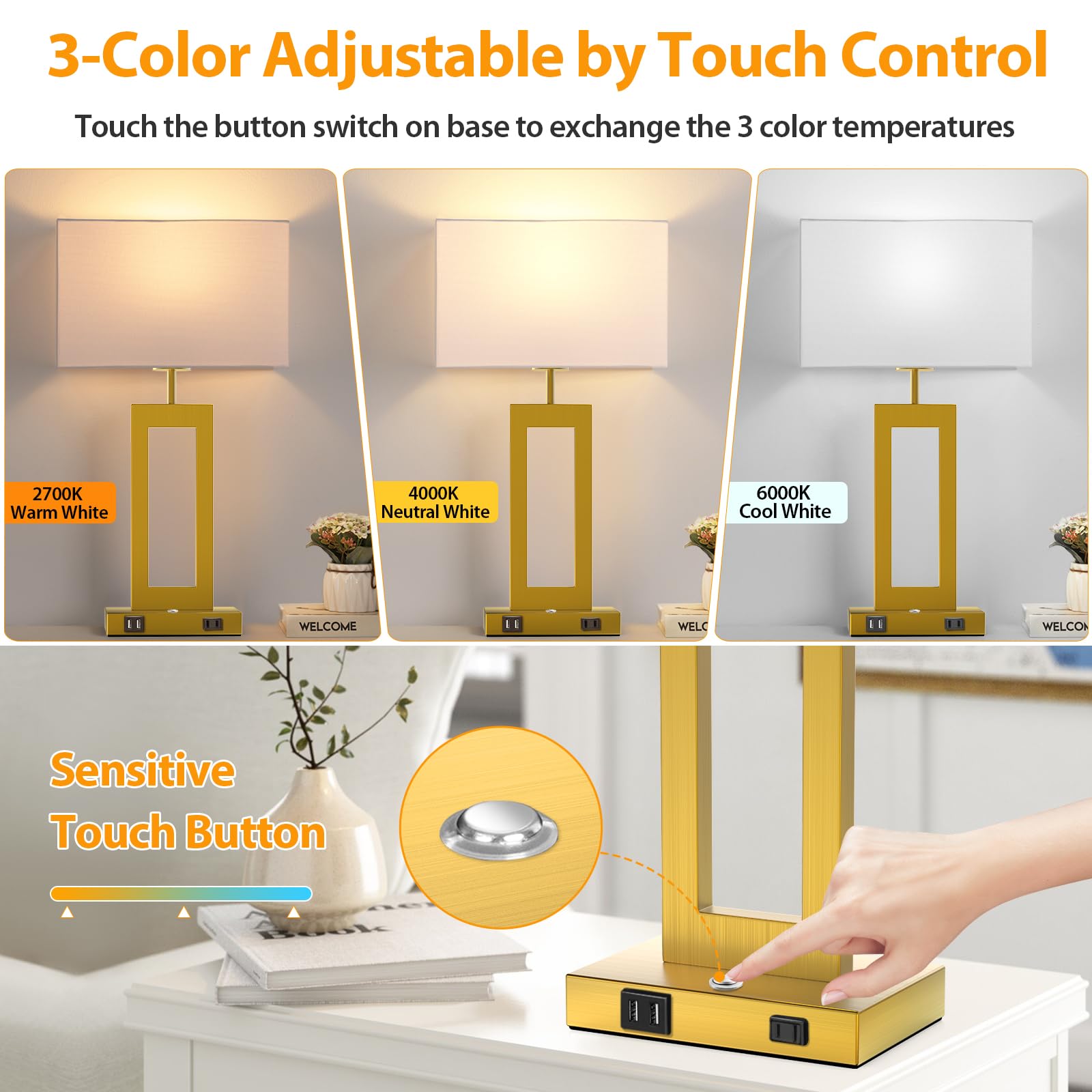 Kondras 22" Touch Control Table Lamps Set of 2, Gold, Dimmable, 3 Color Temperatures, USB Ports, Model T0344A-BRASS+WH