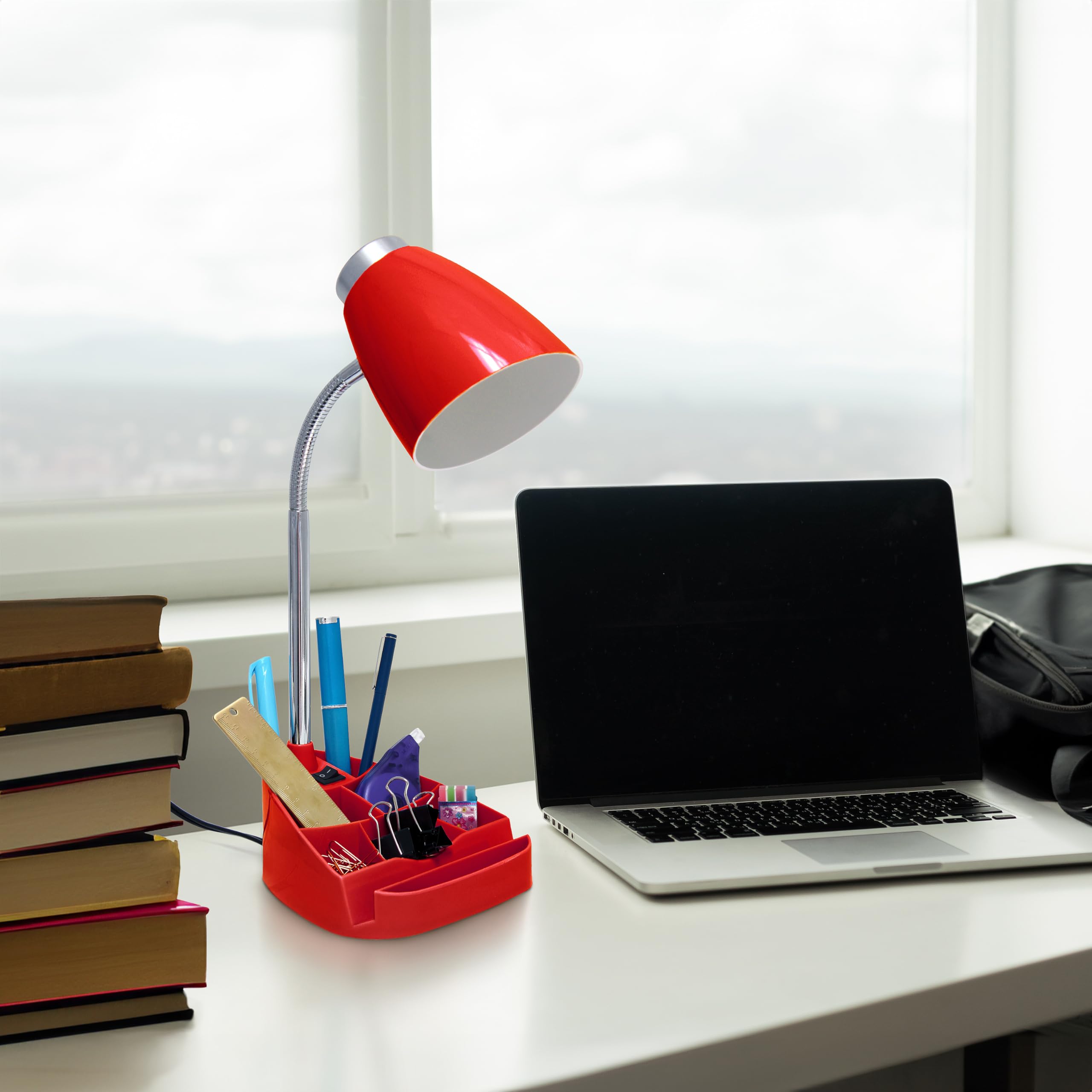 Simple Designs Ld1067-Red Compartmental Desk Lamp With Iphone/Ipad/Tablet Stand, Bendable Gooseneck, For Office, Living Room, Ni
