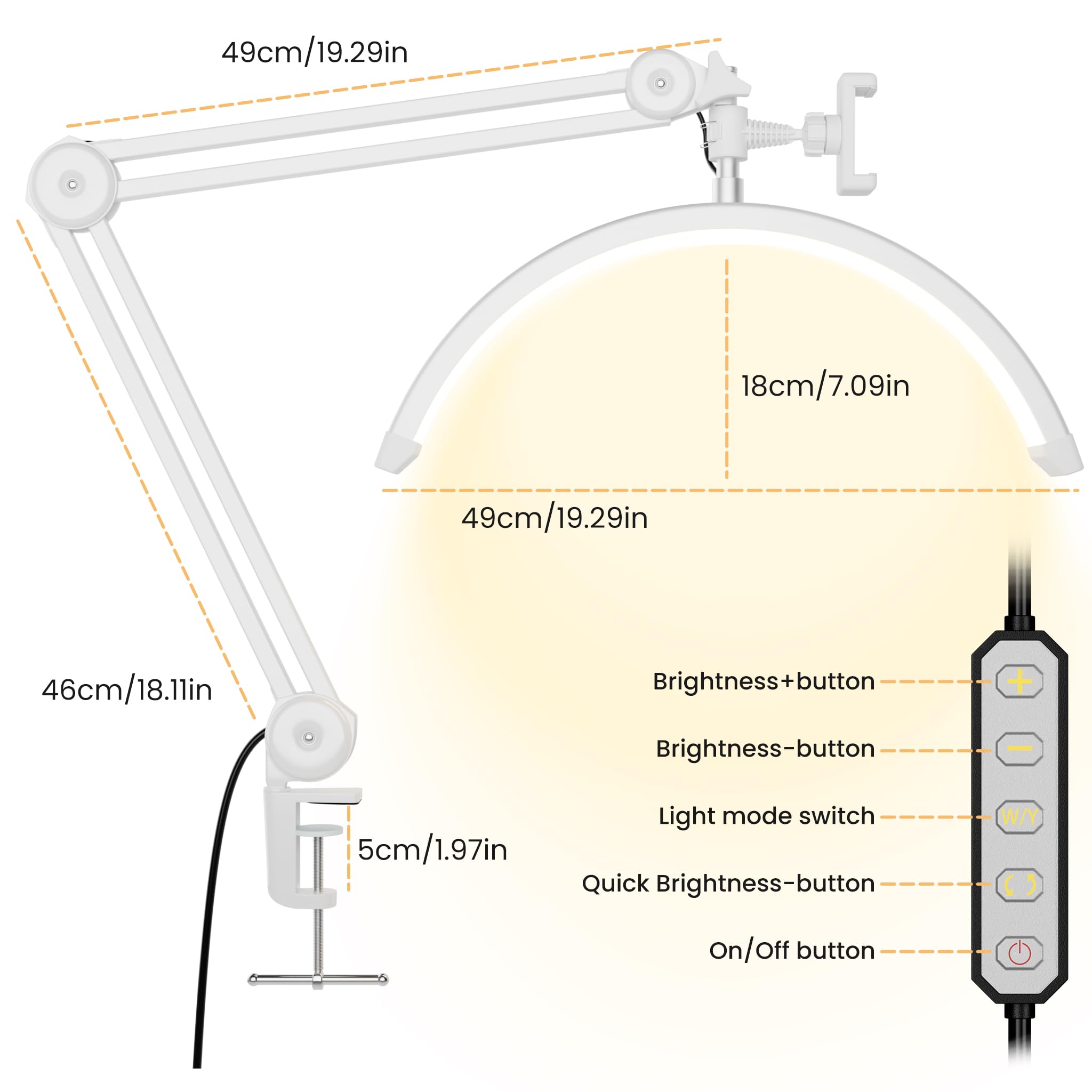 Gelpal 3000 Lm Adjustable Led Half Moon Light With Clamp & Task Lamp - Bright  Dimmable Lighting For Office  Crafts  Nails &Salon  Remote Control (Cct White)