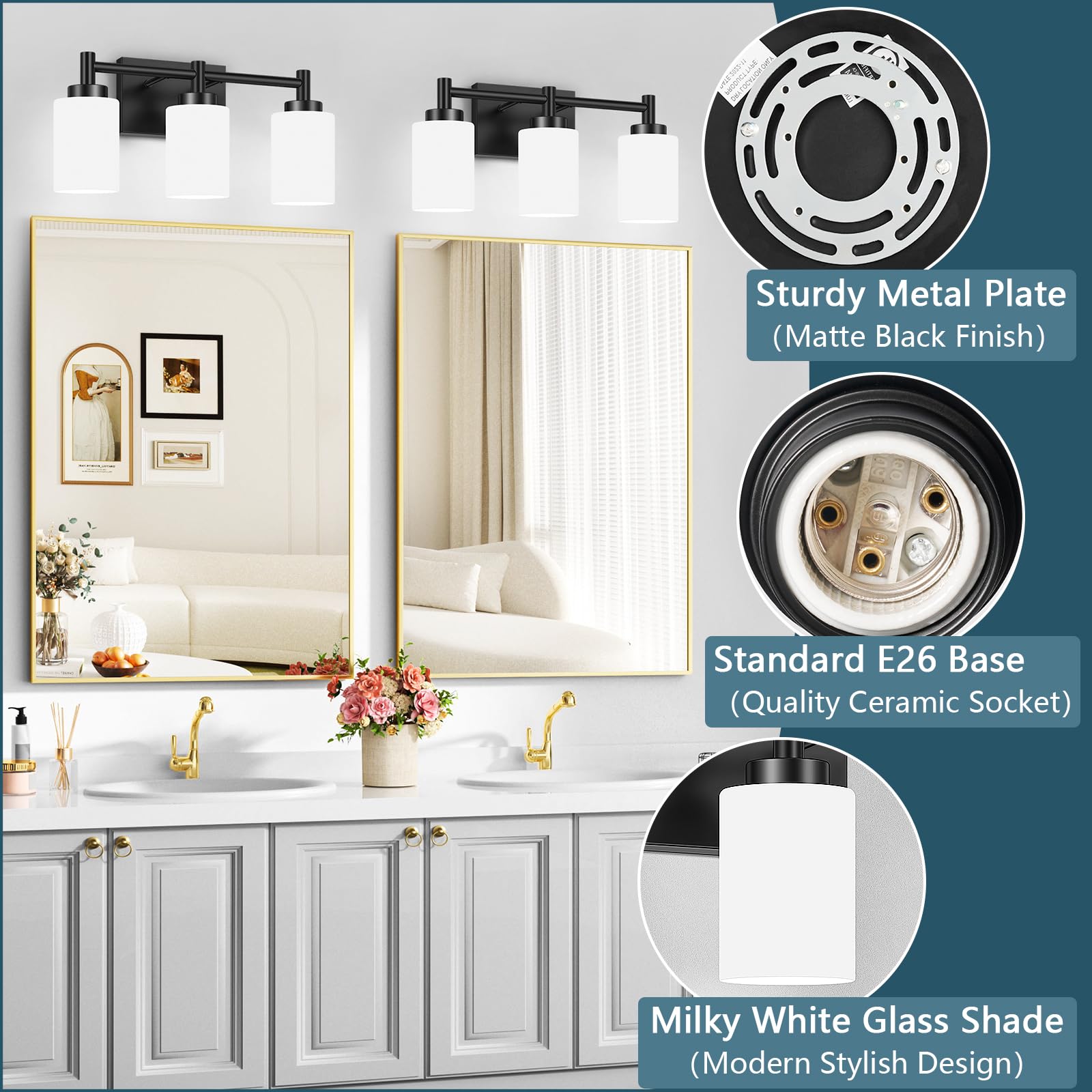 Lomoky 3-Light Vanity Light Fixture, Matte Black, Metal, Modern Design with Milky White Glass Shades