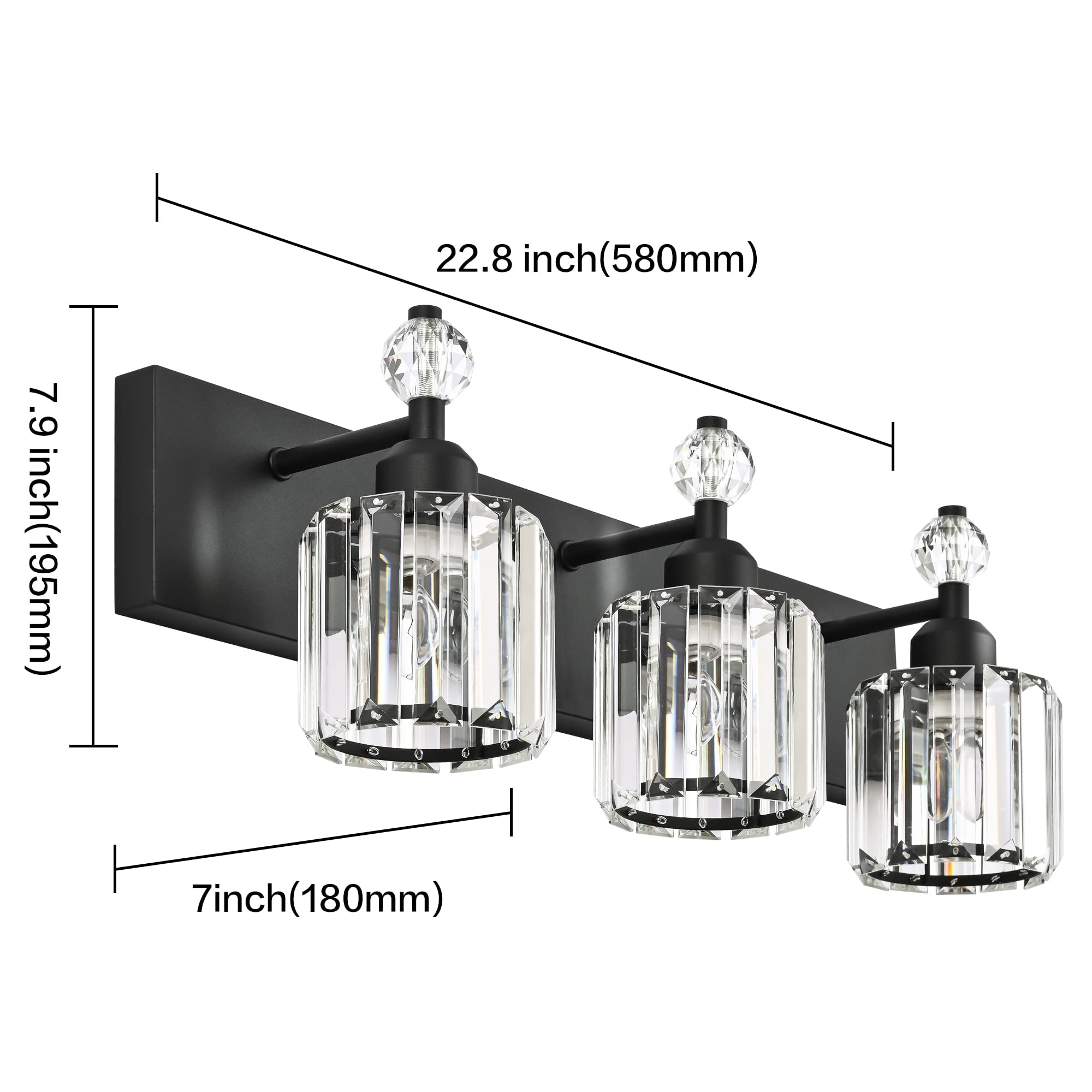 PRESDE Black Crystal 3-Light Vanity Lighting Fixture - Modern Bathroom Wall Light with Matte Black Metal Back Plate