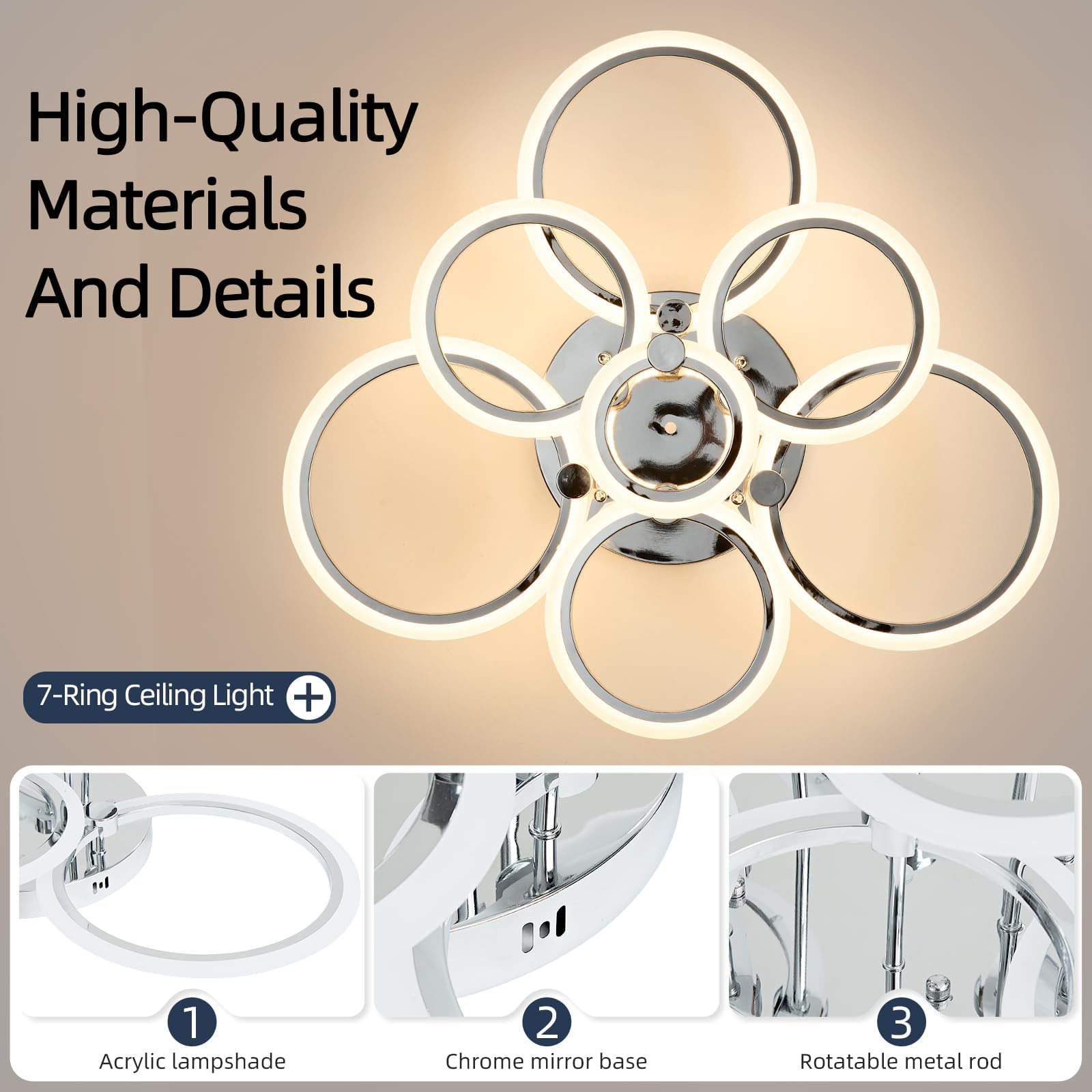 SEABLE 7-Ring LED Flush Mount Ceiling Light - 31.8", Dimmable, Remote Control, Chrome, 130W, 3000K-6500K Adjustable Color Temperature