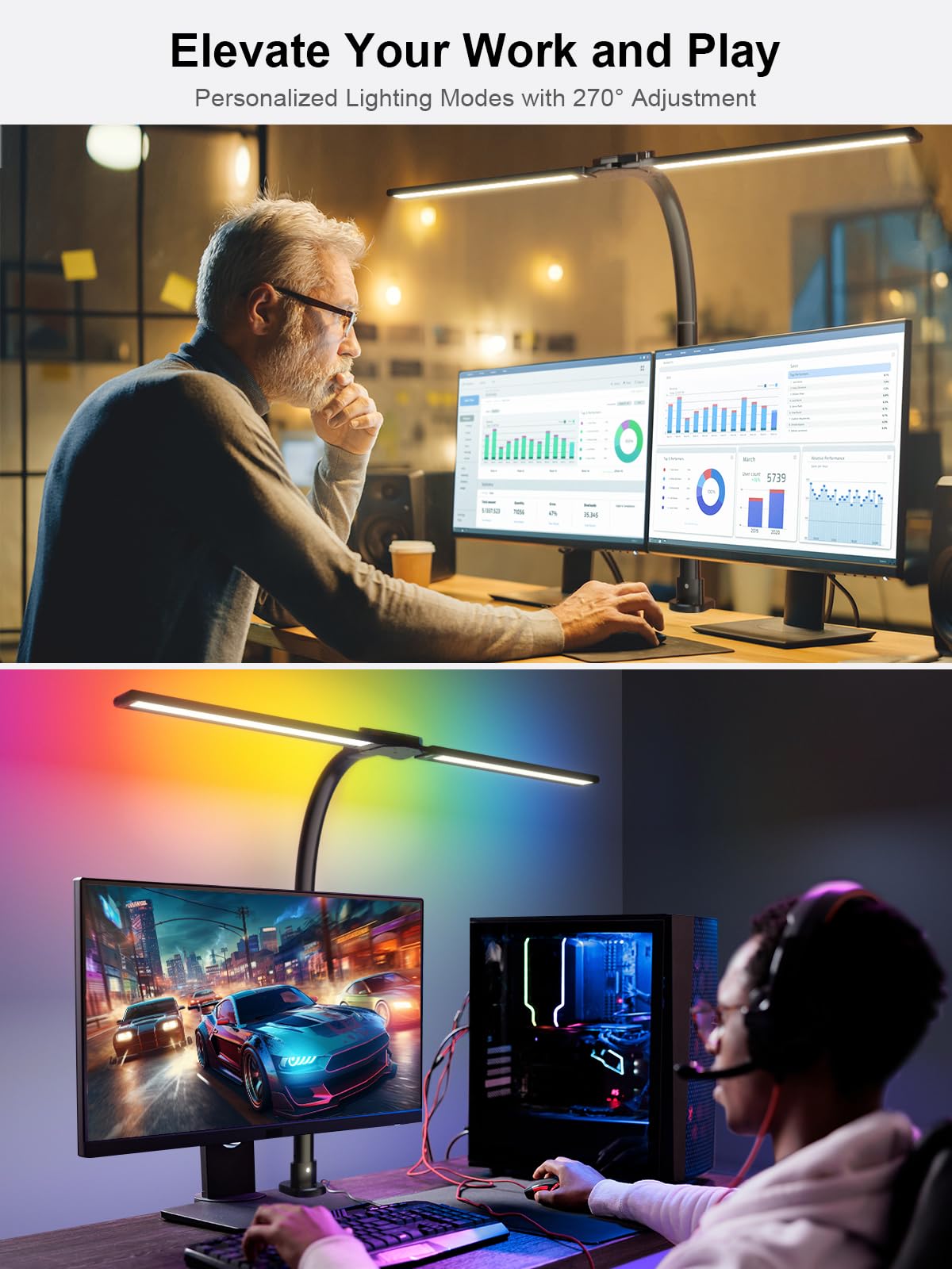 Radlfut Double Swing Arm Desk Lamp - Led Desk Lamp With Clamp,24W Ultra Bright Auto Dimming Desk Light With Rgb Atmosphere Light