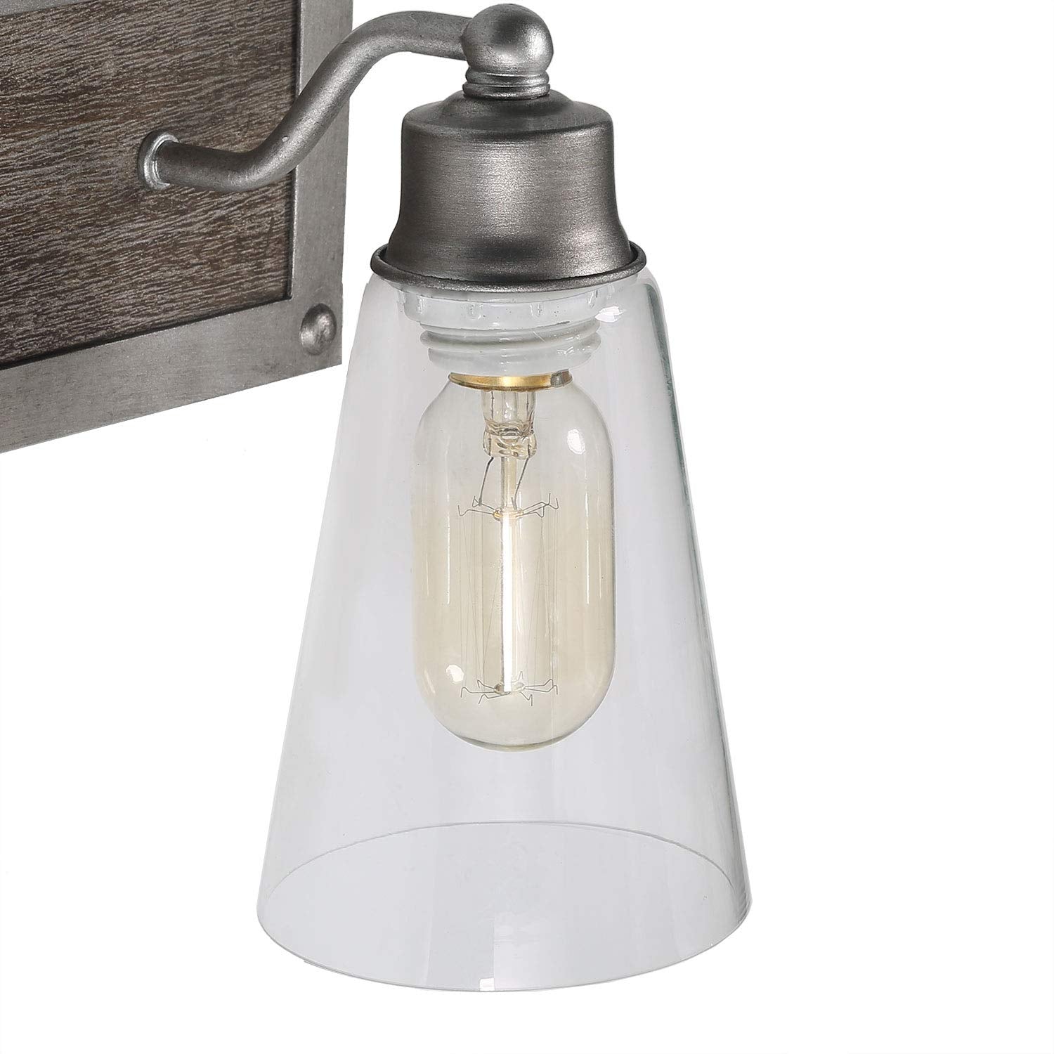 LOG BARN 2 Lights Bathroom Vanity Fixture, Distressed Wood & Brushed Antique Silver, Cone Glass Shades, 14.1in Farmhouse Design