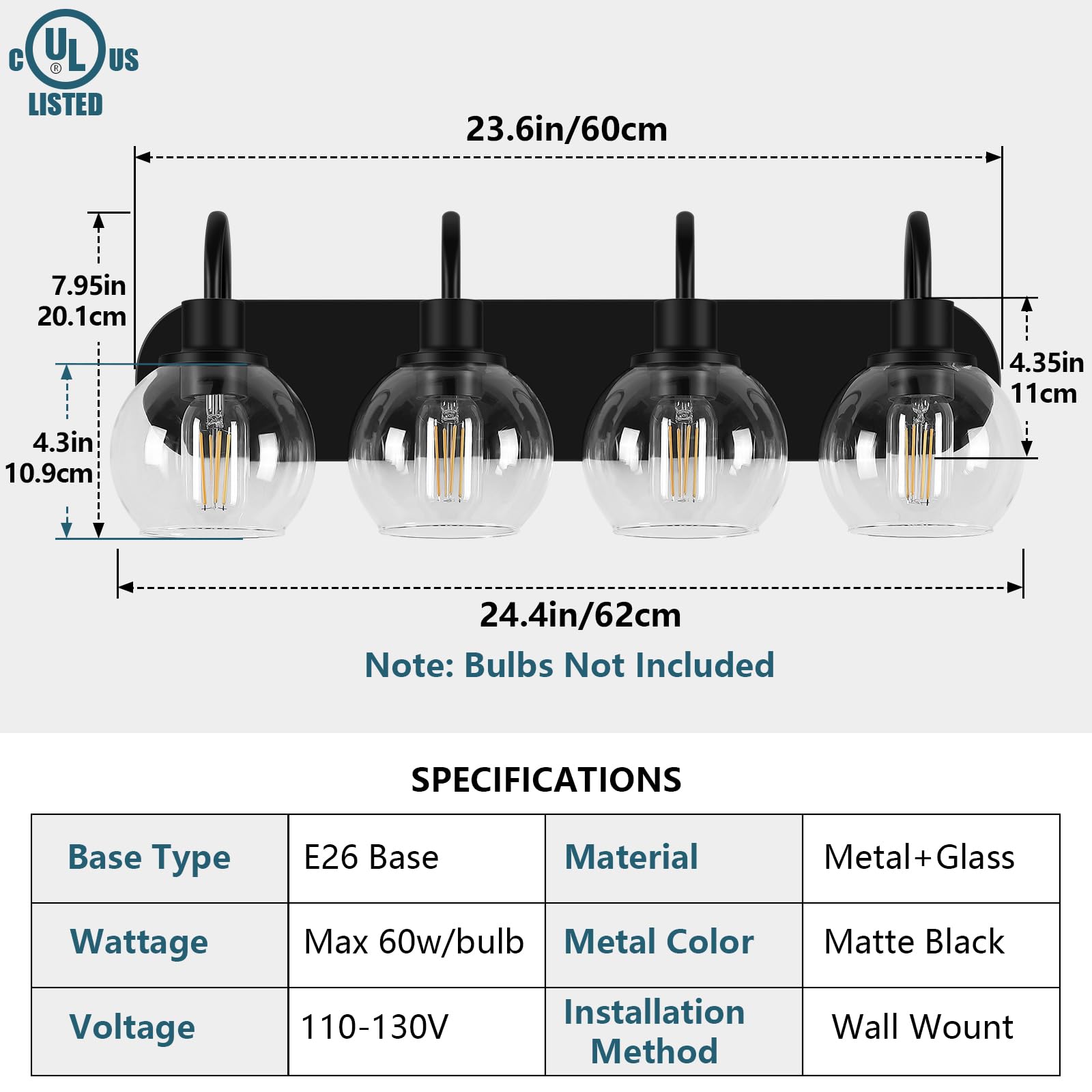Dpyrrhic 4-Light Bathroom Vanity Light Fixture, Matte Black Metal, Clear Glass Globe Shade, Model JD-193