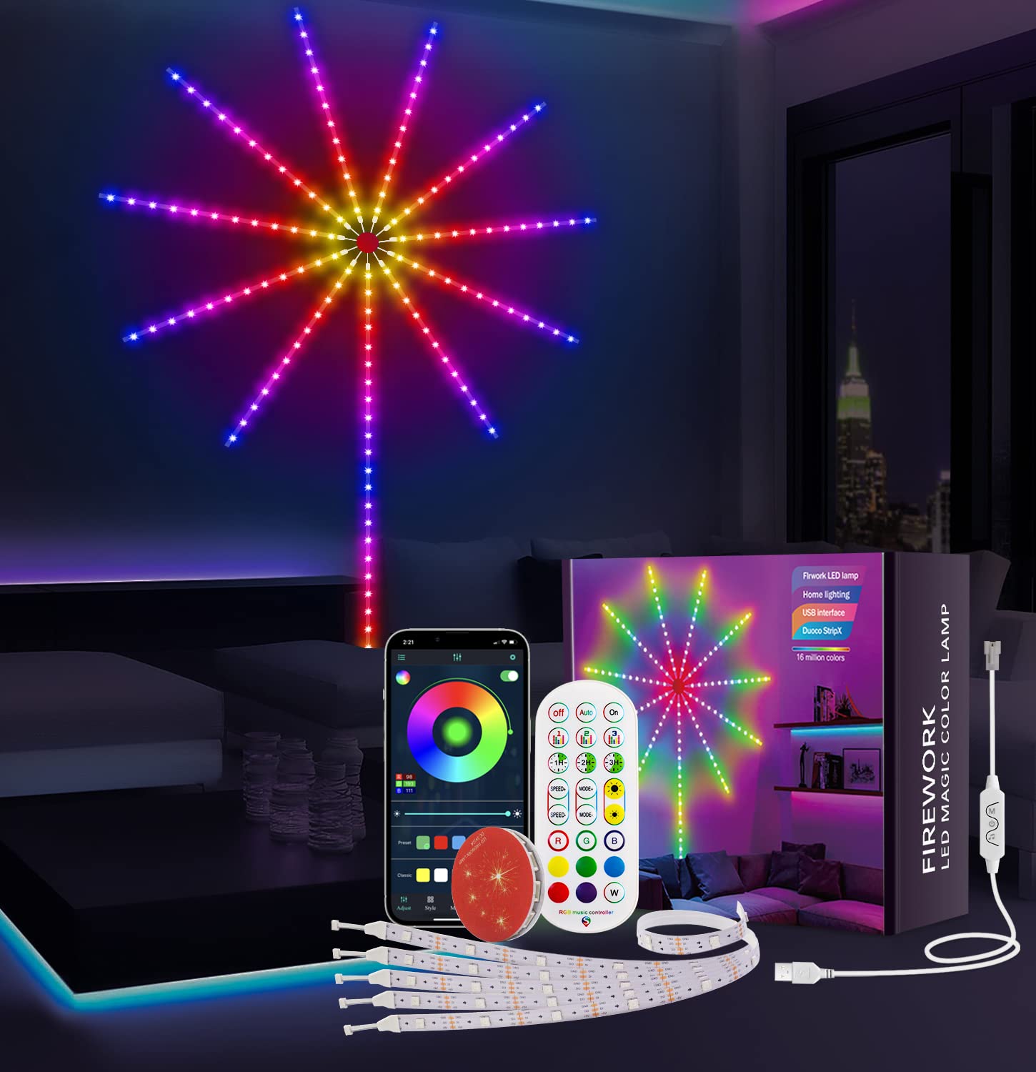 MATICOD Smart Firework LED Lights, Color Changing, USB Powered, 19.6in, Model SKS-JZ-02, RGB Room Decor for New Year Party
