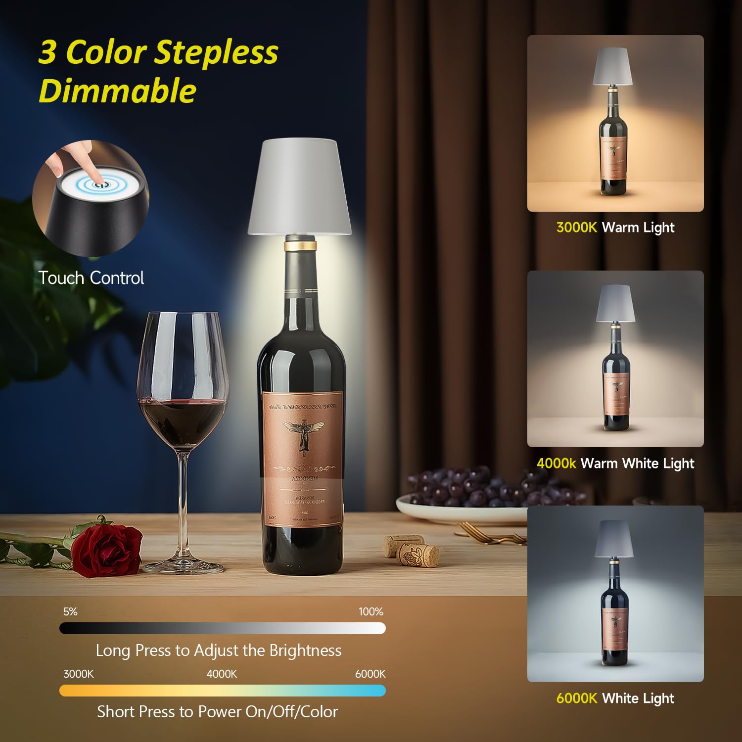 Hoide Wireless Bottle Lamp, Touch Dimming, 5.7in Gray Plastic, Waterproof Table Lamp for Bedroom, Bar, Restaurants, Outdoor Use
