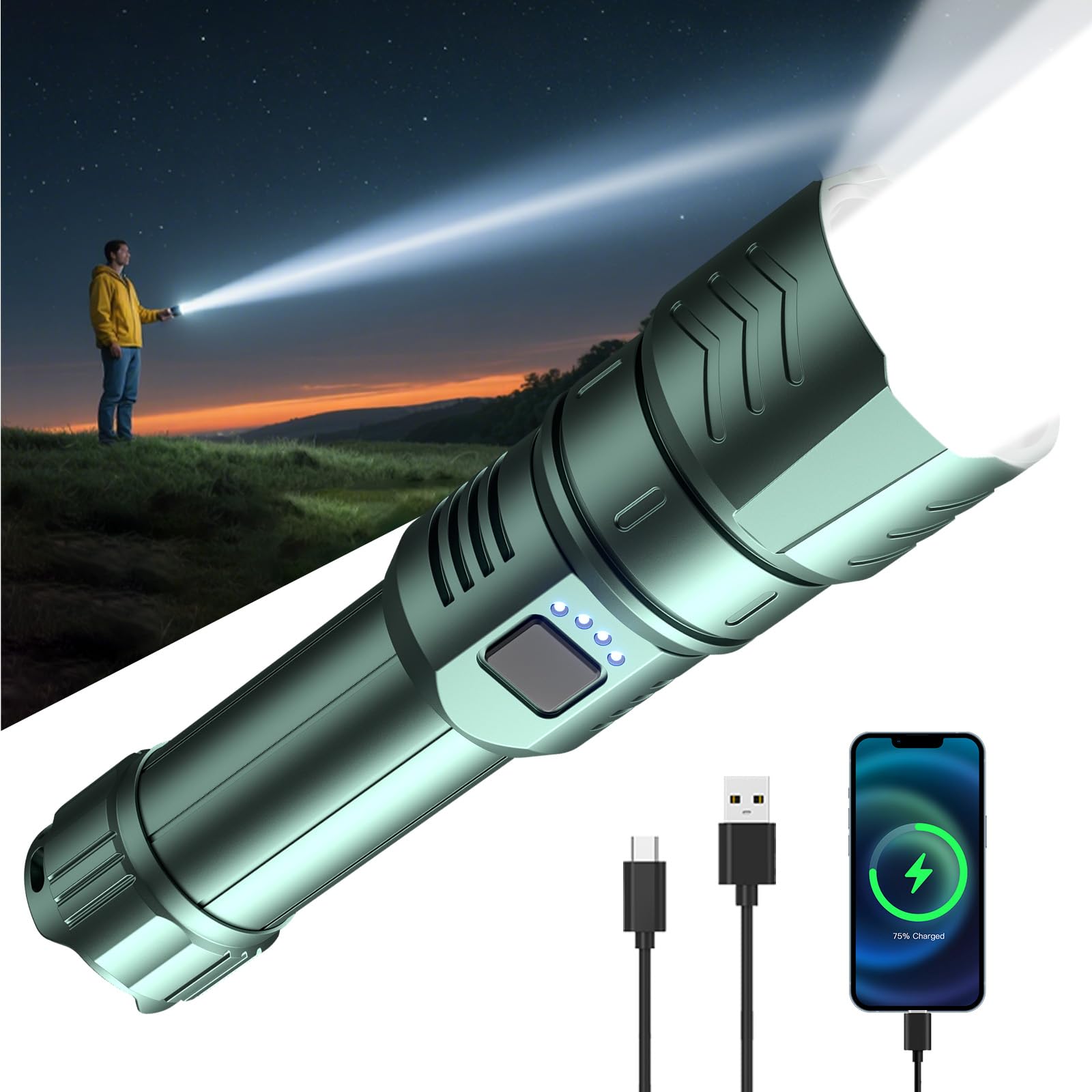 SKYFIRE Rechargeable Flashlight High Lumens 5000mAh Aluminum Alloy Turquoise SF-1097-Type Waterproof Zoomable Power Bank