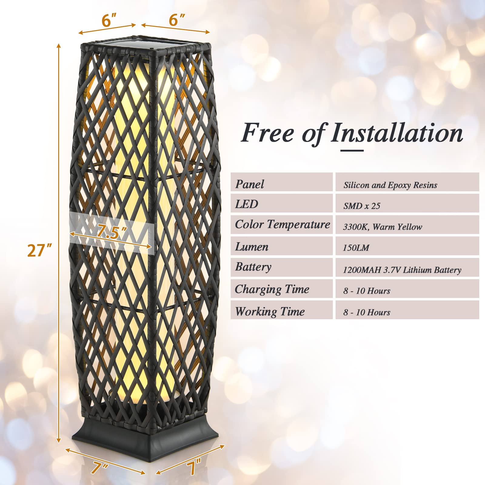 Tangkula Outdoor Solar Powered Floor Lamps, IP65 Waterproof, 7” x 7” x 27”, Mix Brown, Model TA-10727