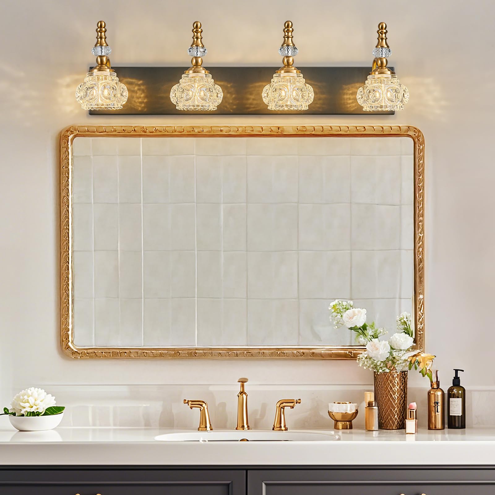 LBSQJ 4-Light Bathroom Vanity Light Fixture, Modern Glass Crystal, Black Gold, Model 493, Over Mirror Lighting