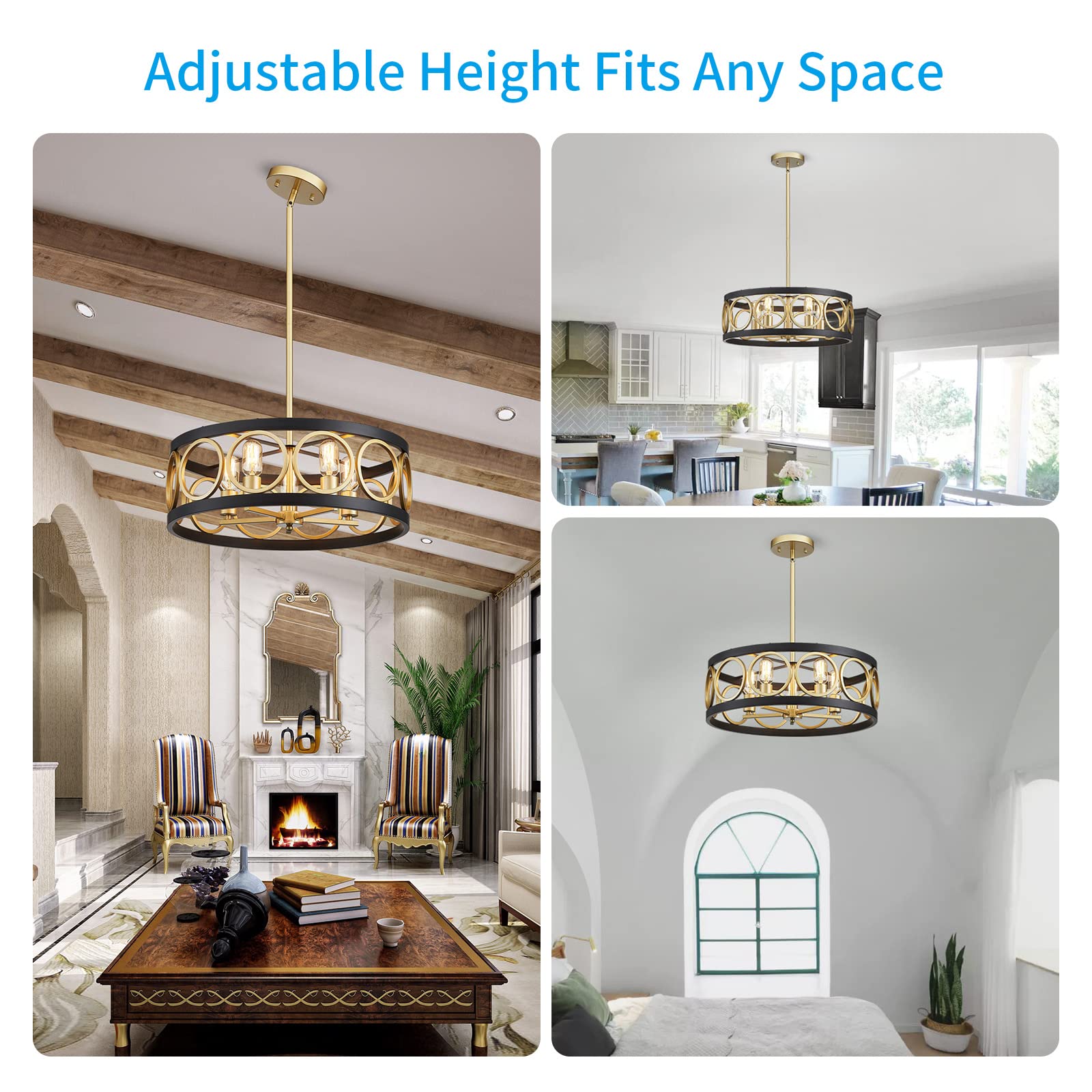 Xingqi 21.7'' Drum Chandelier, 5-Light Rustic Pendant Lighting Modern Farmhouse Chandeliers For Living Room Dining Room Bedroom, Black And Gold Finish Round Metal Ceiling Light Fixture