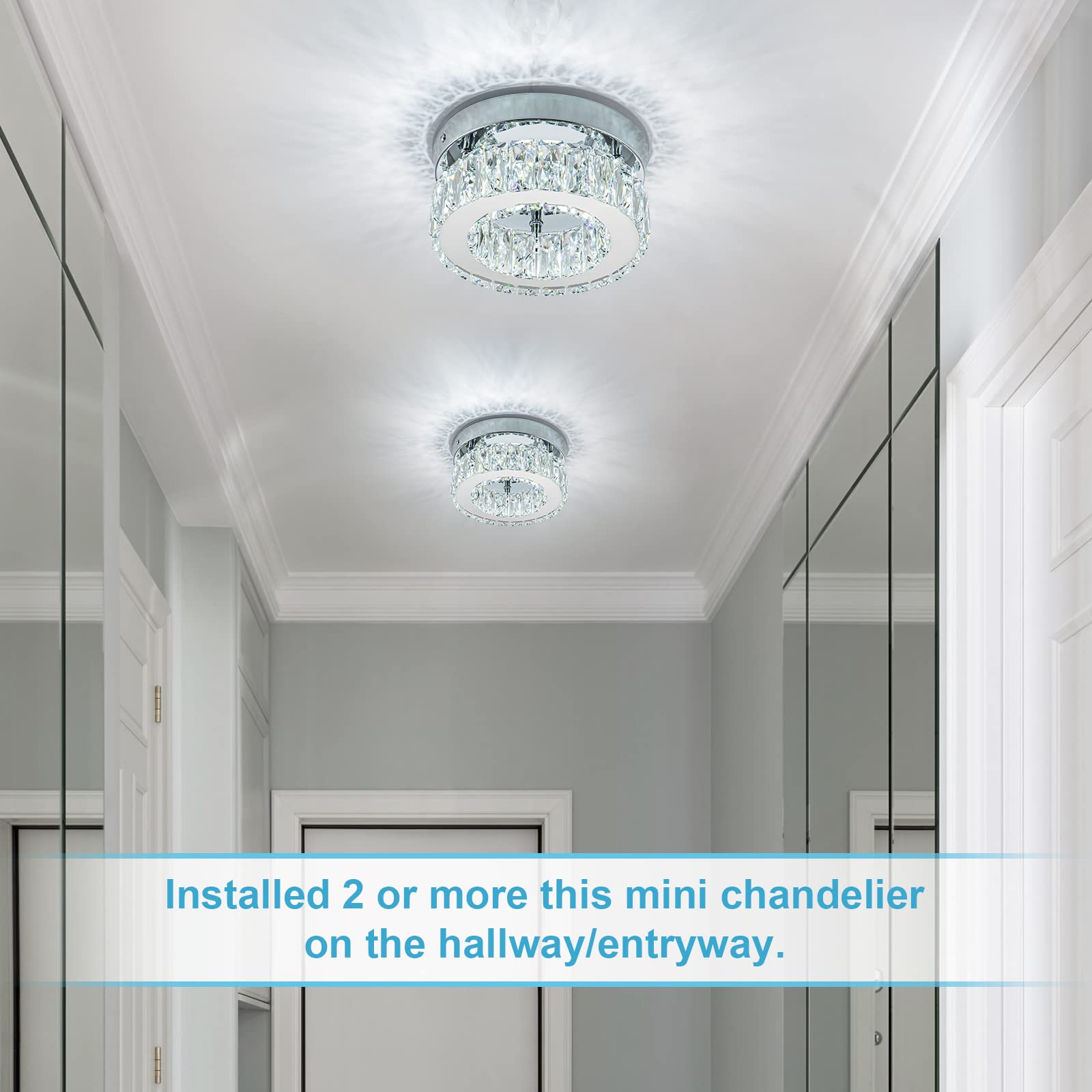 Homlaiting Mini Modern Crystal Chandelier, Led Flush Mount Lighting For Hallway, Bedroom, Kitchen