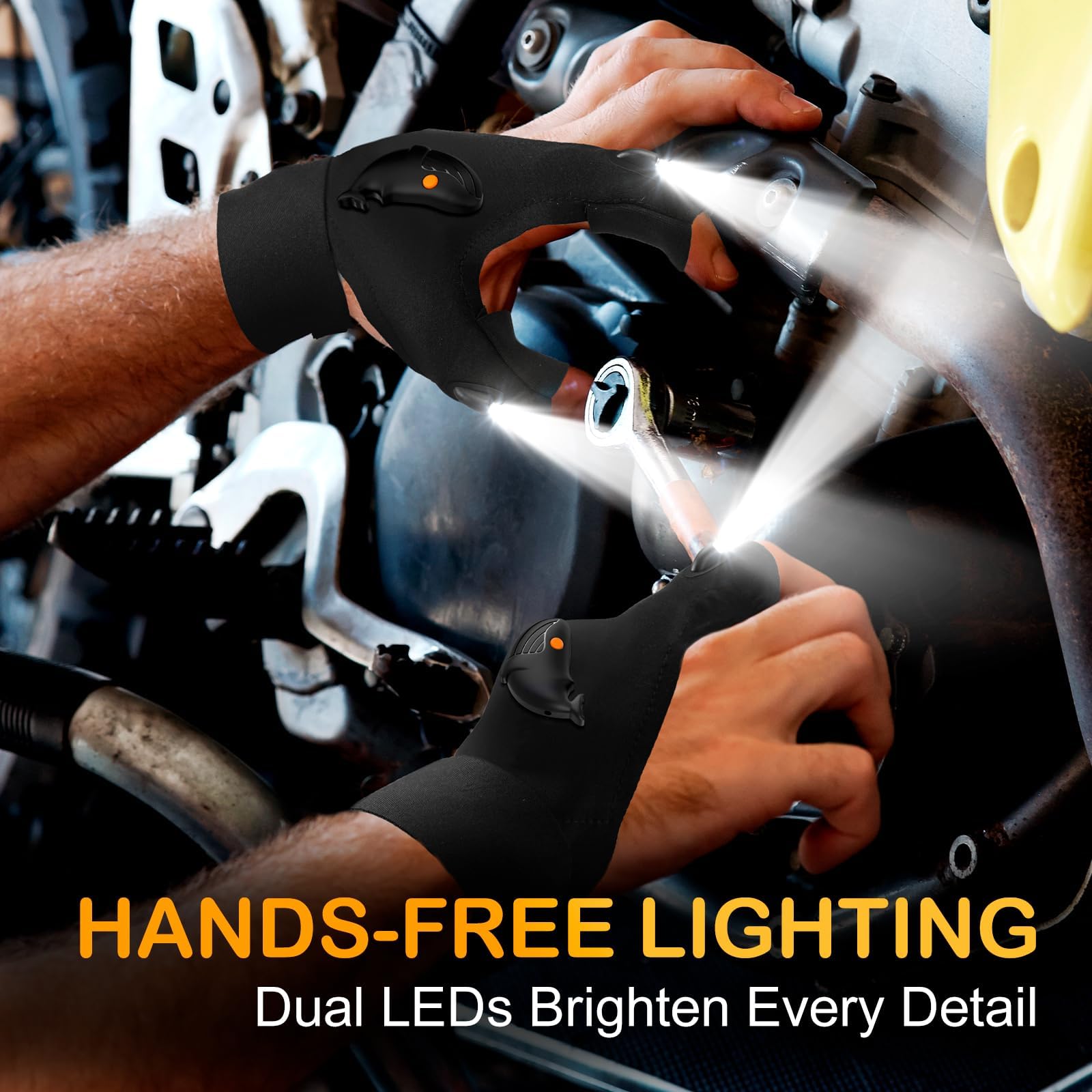 PARIGO LED Flashlight Gloves, Black and Orange, Spandex, Model DCH-VN01, Perfect for Fishing, Camping, and Car Repairs, Great Gift for Men