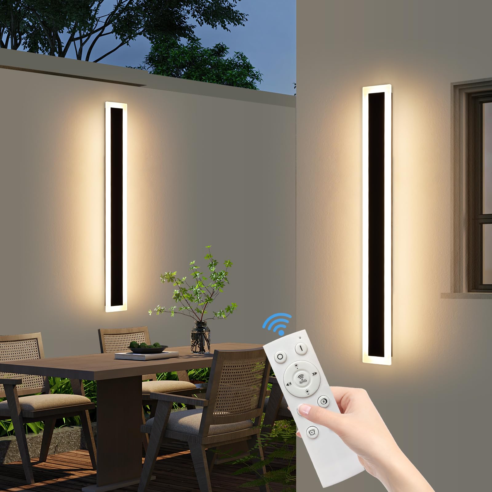 Upgrade Widened 2 Pack Modern Outdoor Wall Sconce, 47.2inch Dimmable Exterior LED Light Fixture 3000K-6000K, IP65 Waterproof, Bl