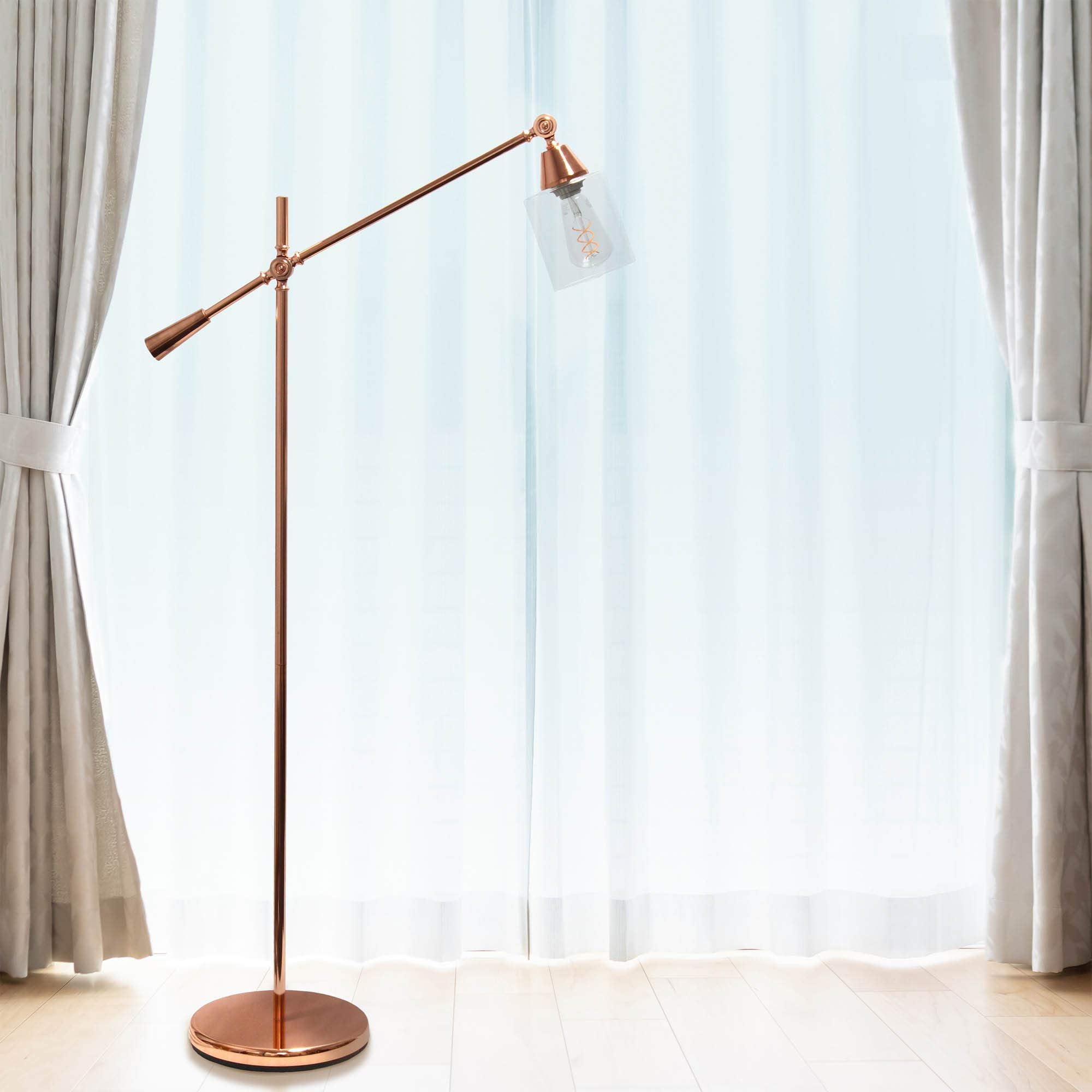 LALIA HOME Decorative Swing Arm Floor Lamp, Metal, Rose Gold, 30inL x 11inW x 56inH, Model LHF-5021-RG, Clear Glass Shade