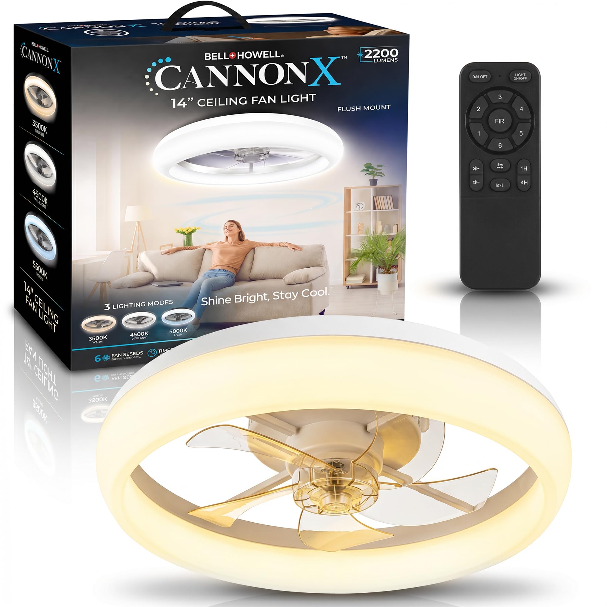 CannonX White 19    Fandelier Ceiling Fans with Lights and Remote, Low Profile Flush Mount Light Fixture Chandelier Fan for Bedr