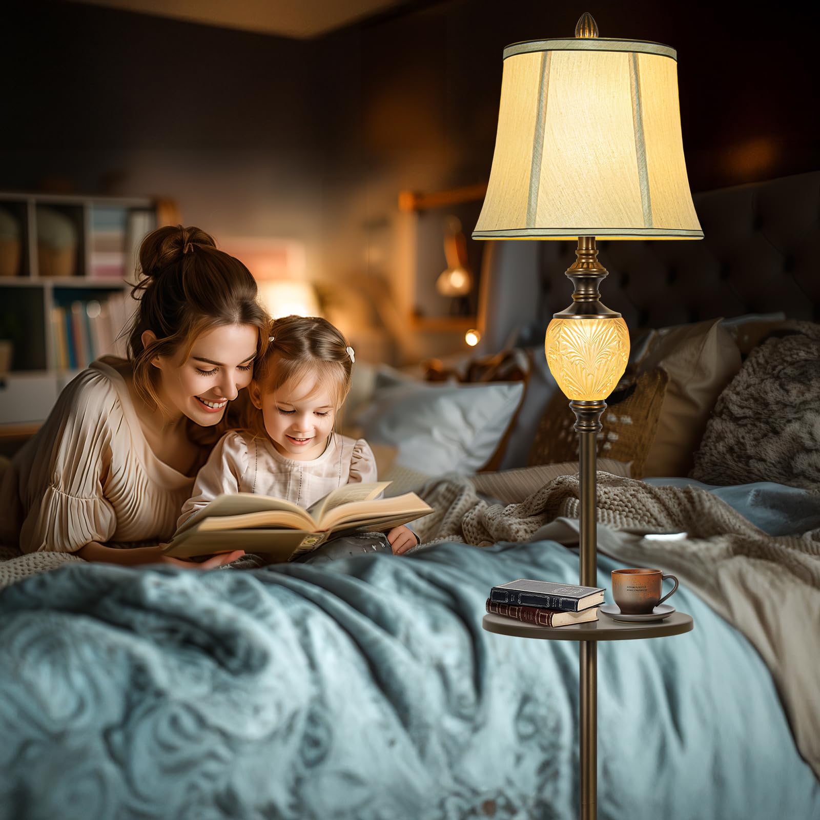 64'' Vintage Floor Lamp For Living Room With Tray And Nightlight Farmhouse Tall Standing Lamp With Beige Faux Silk Shade Rustic