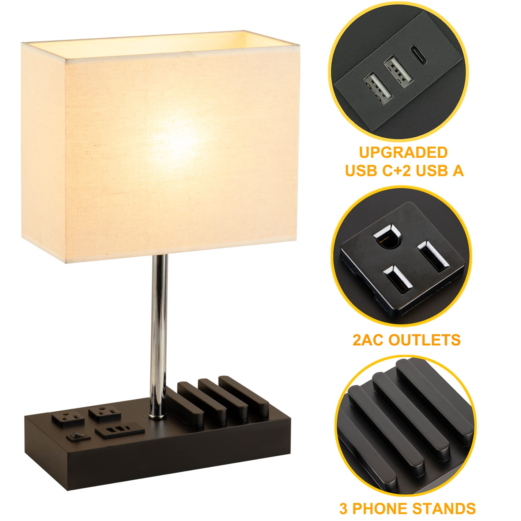 Briever Upgraded 3-In-1 Table Lamp With 2 Usb A & 1 Usb C Charging Ports, Bedside Desk Lamp With 2 Ac Outlets And Wooden Phone S