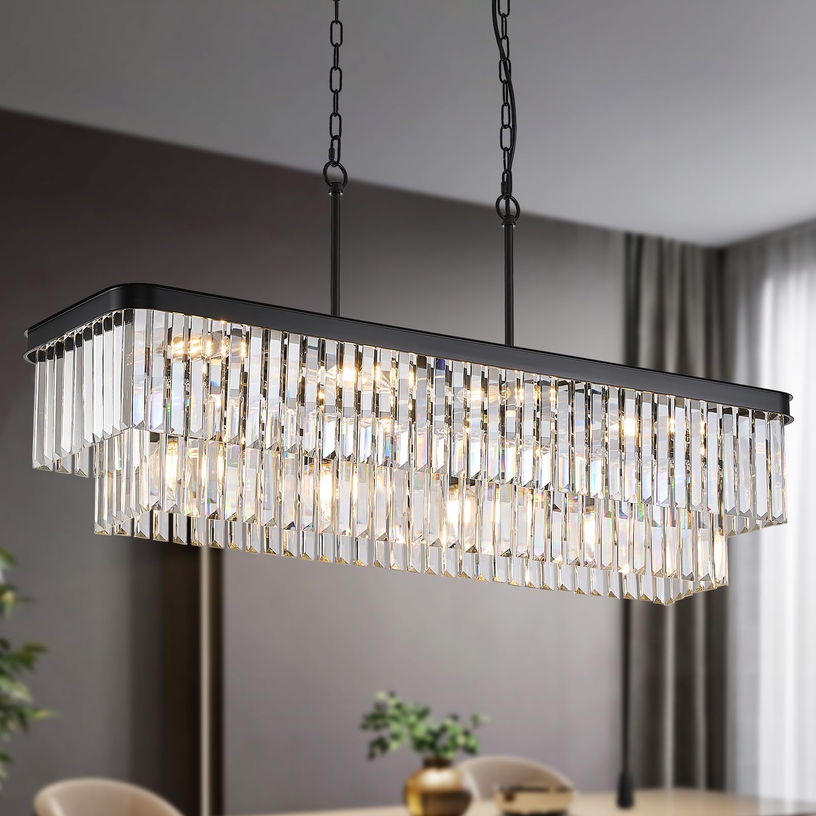 MERINEA L40  Large Modern Rectangular Chandeliers 12 Lights Elegant K9 Crystal Ceiling Pendant Light Fixture Modern Black Long Chandelier for Kitchen Island Dining Room Living Room Bar