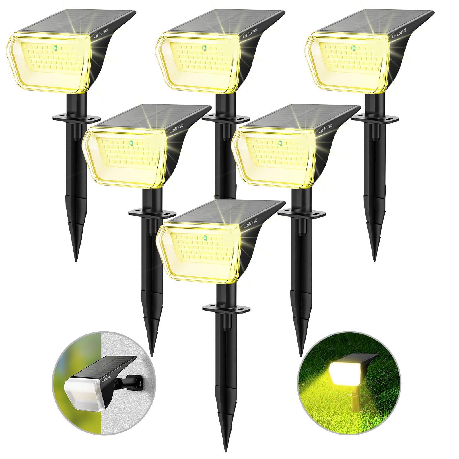 Linkind Solar Spot Lights, 60 LEDs, IP67 Waterproof, 6 Pack, Warm White, High-impact ABS Plastic, Model LL18001-SP004_WW-US-6