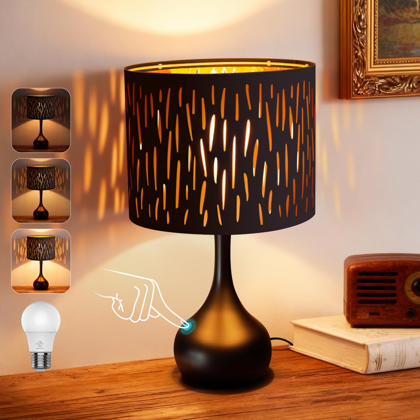 ONEWISH Touch Bedside Lamp for Bedroom, 3-Way Dimmable Table Lamps for Nightstand, Black Cutout Shade with Gold Lining Desk Lamp