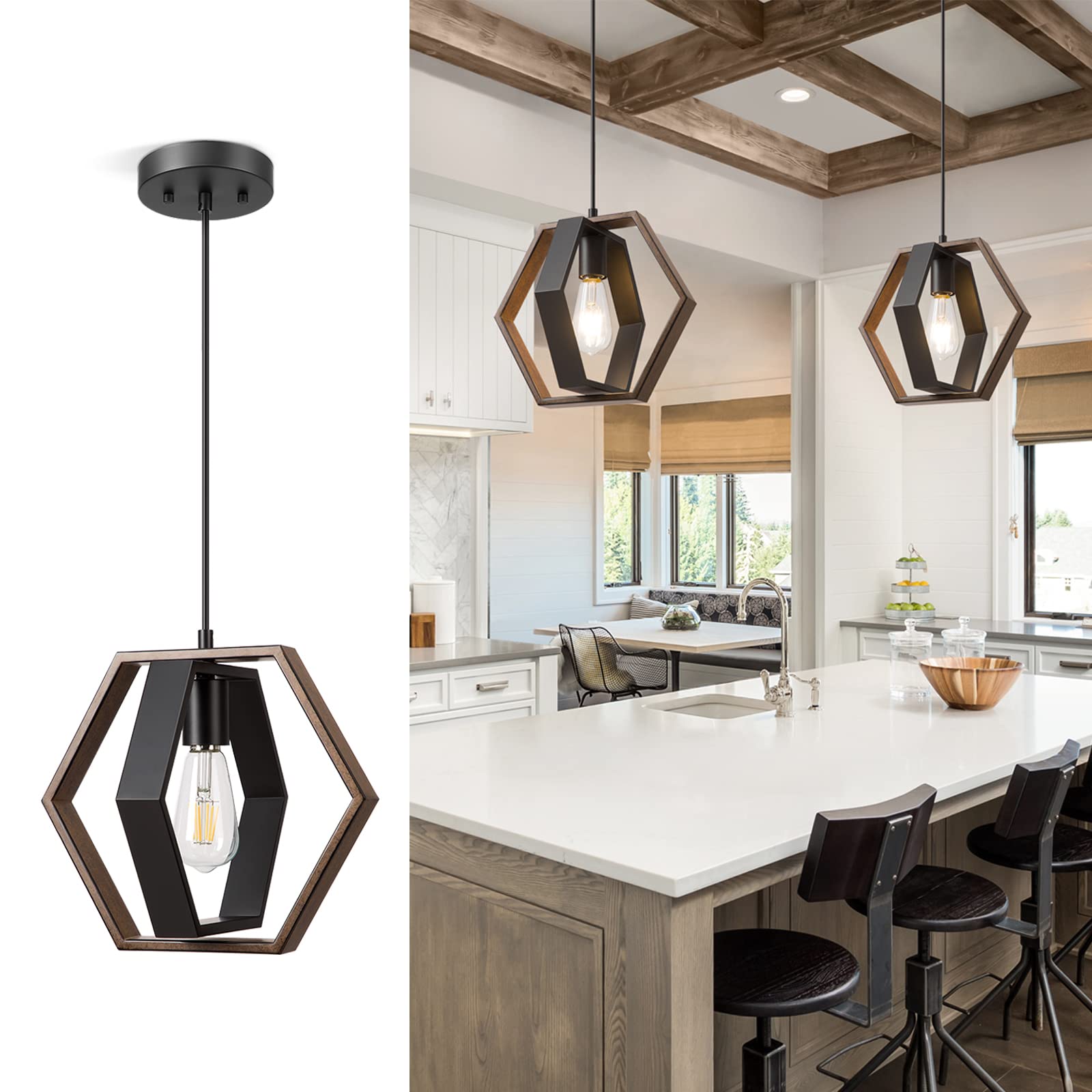 EDISHINE Pendant Lights for Kitchen Island, Farmhouse Hanging Light Fixture with Wood Grain and Black Finish, Adjustable Height