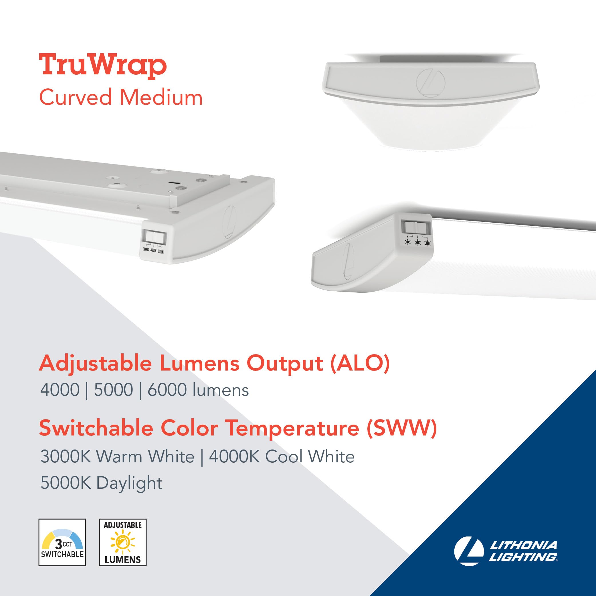 Lithonia Lighting Truwrap Curved Wrap Led Ceiling Light, 3000K/4000K/5000K Switchable Color Temperature, Constant Current, Dimmi