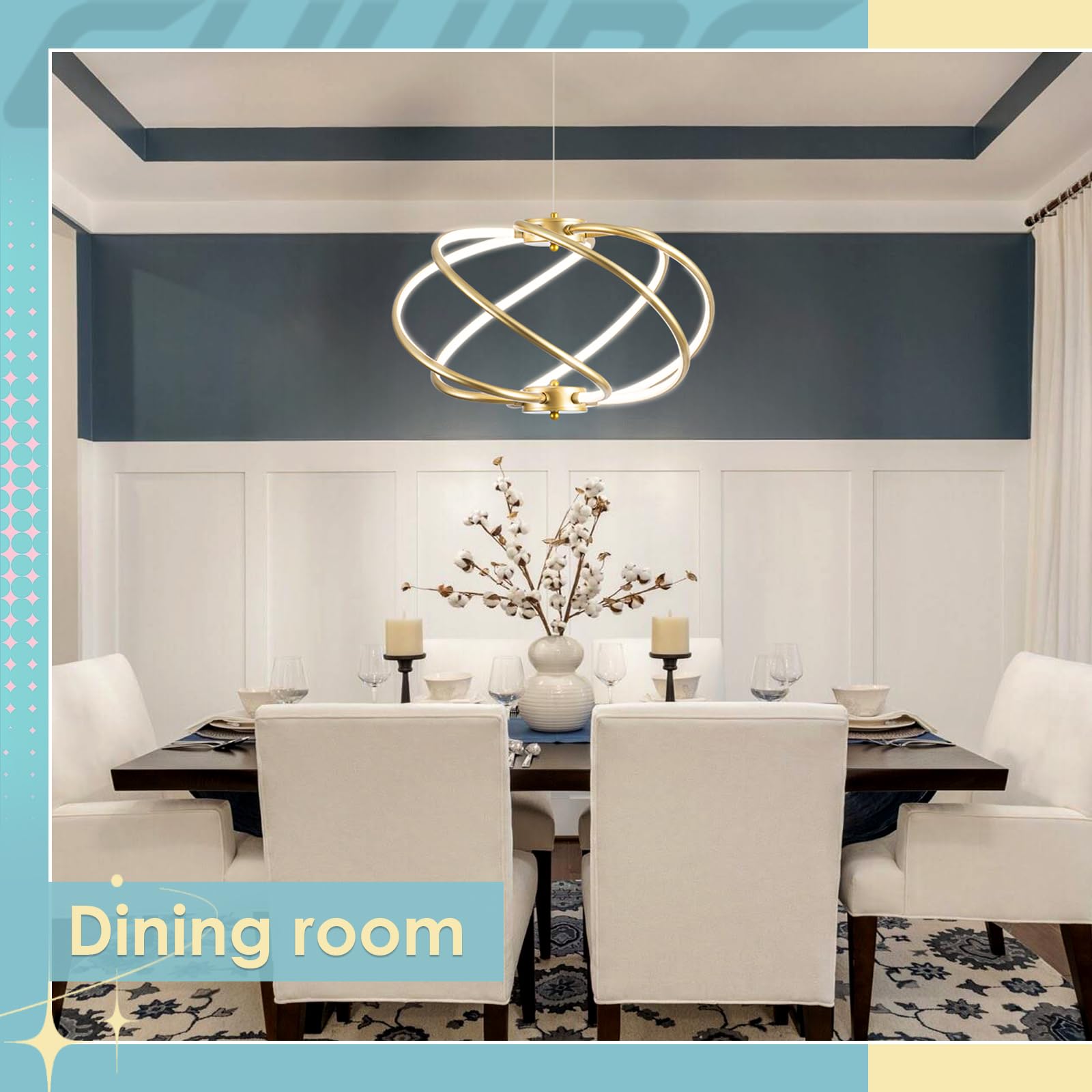 Chying Modern Gold Chandelier Led Dimmable Pendant Light 3000K-6000K Cage Chandeliers Lighting Contemporary Dining Room Light Fi