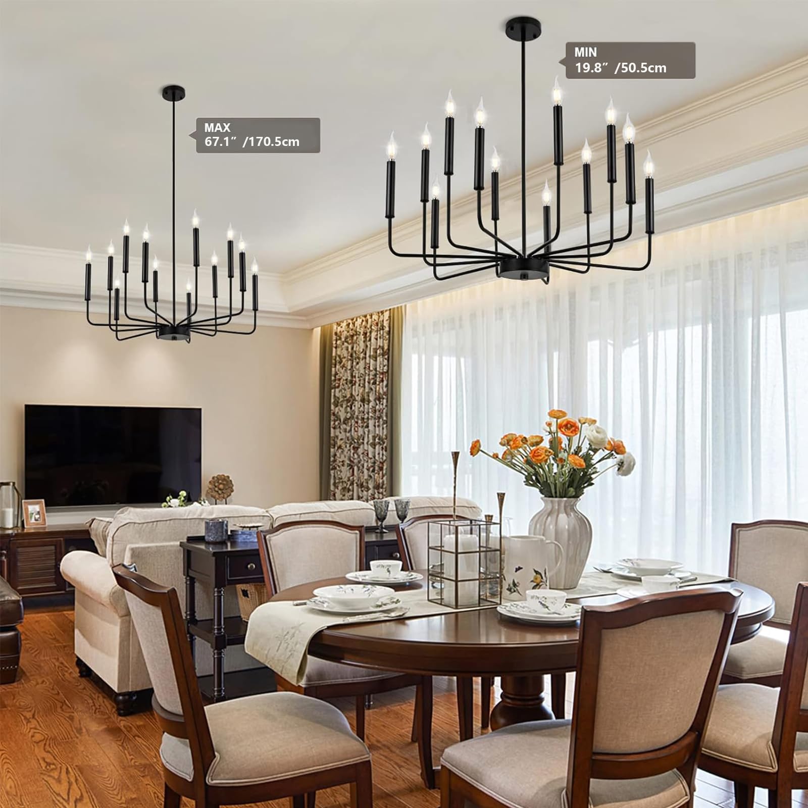 Woknos Modern Black Farmhouse Chandeliers, 12-Light Industrial Metal Chandelier Lighting, Classic Candle Hanging Pendant Light F