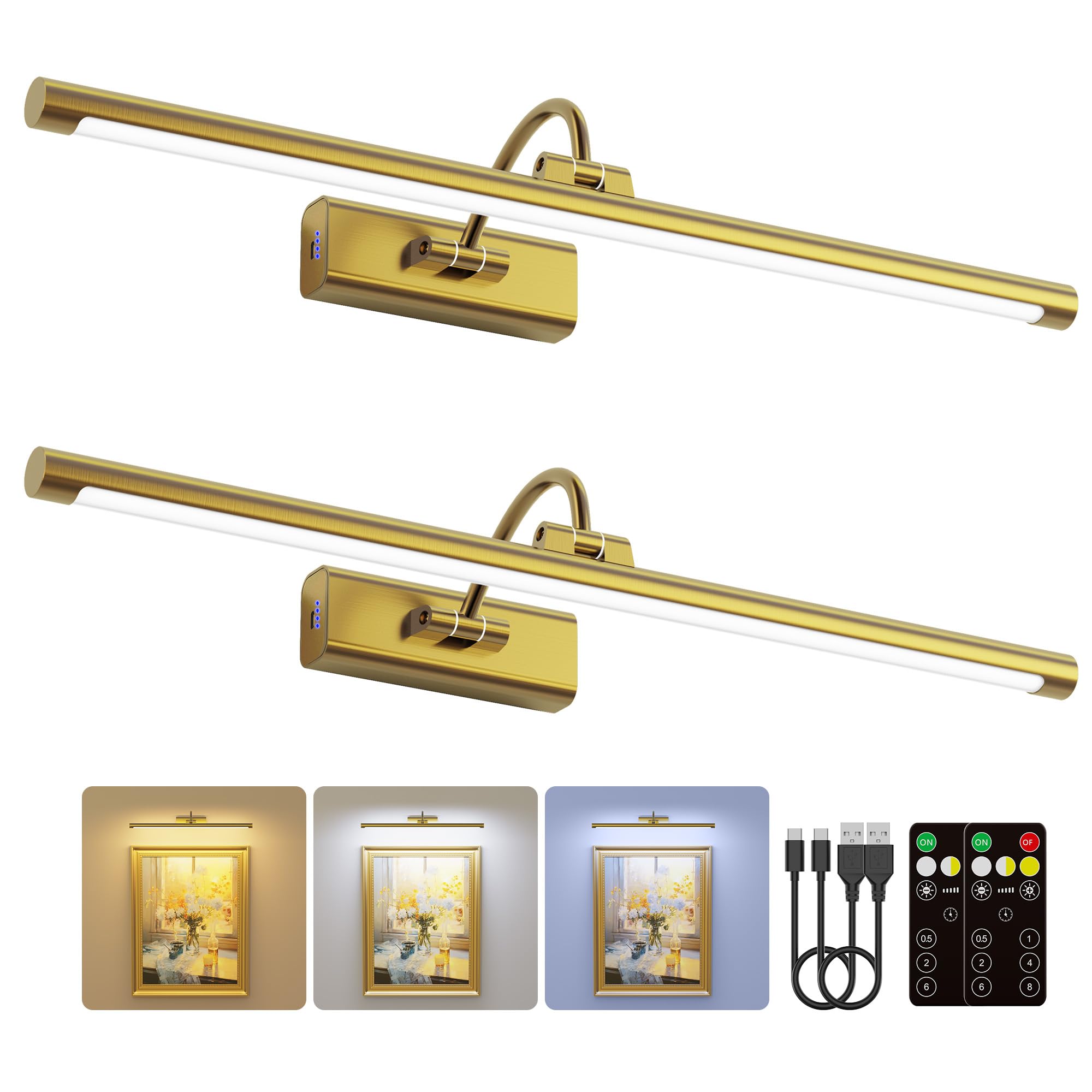 Craftersmark 2 Pack 24 Brass Gallery Picture Lights - 8000mAh Rechargeable Battery Powered Wireless Lighting for Large Gallery  Museum & Living Room