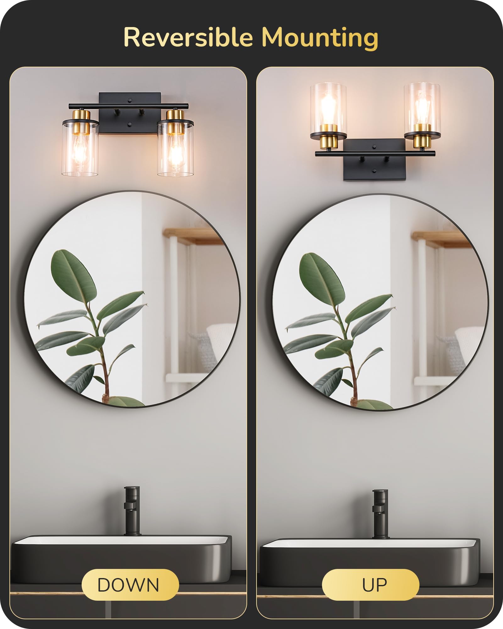 EDISHINE 2-Light Bathroom Vanity Light Fixture, Metal, Black and Gold, Model HHVL04J, Clear Glass Shade