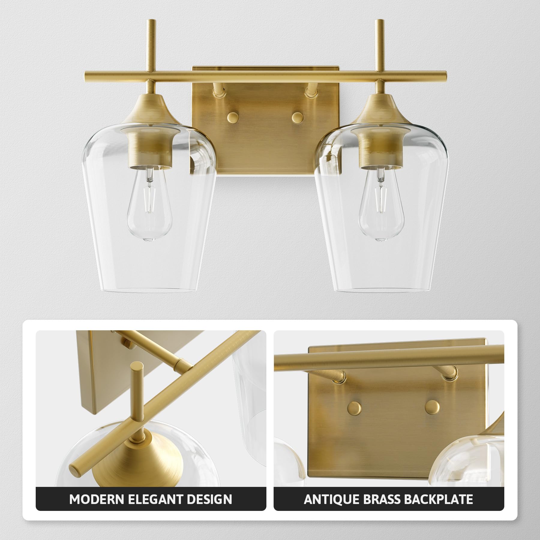 Vonluce Bathroom Vanity Light, 2-Light Bathroom Light Fixture Over Mirror, Vanity Light Fixtures With Clear Glass, Modern Wall S