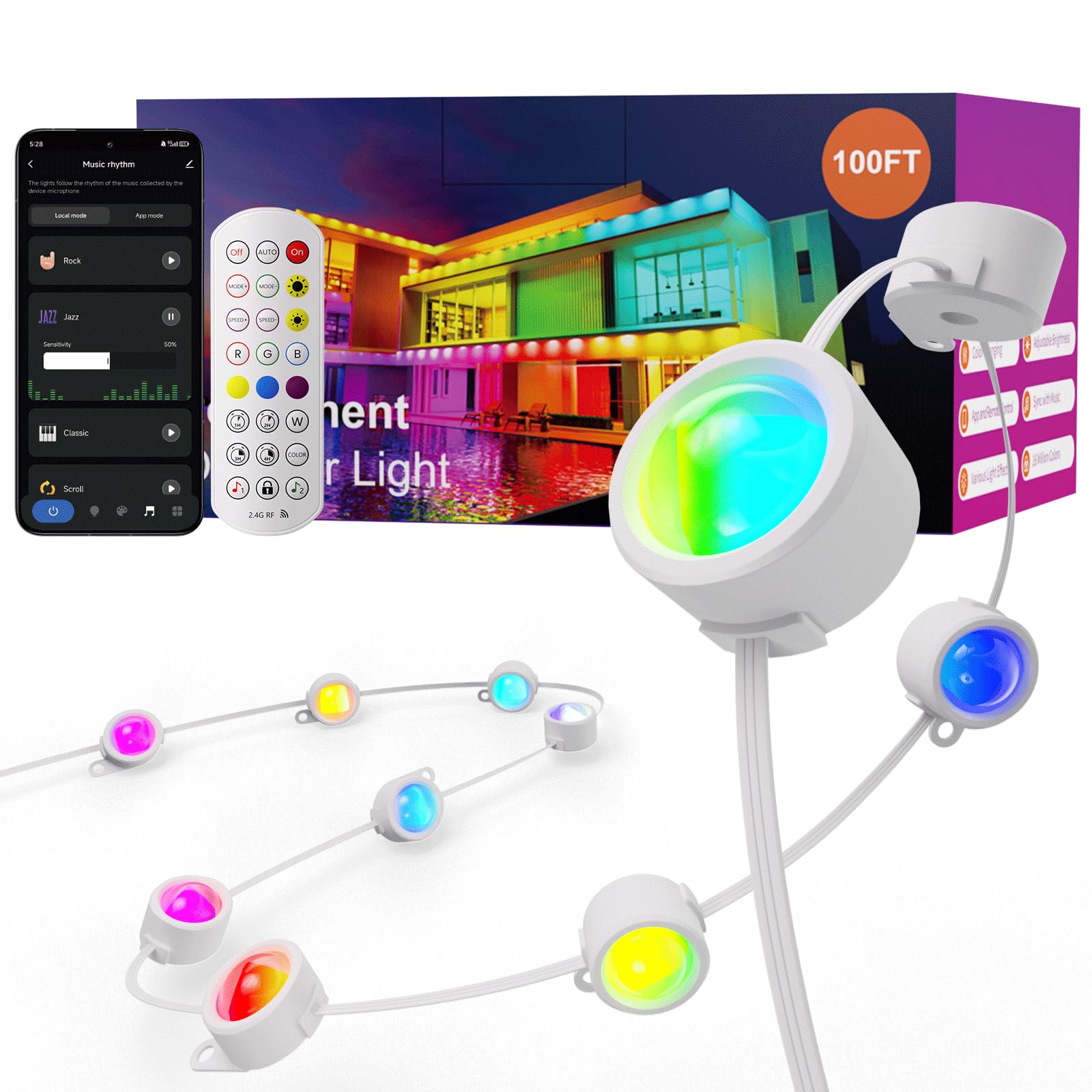 Fitop RGB LED Outdoor Lights, 100FT IP67 Waterproof Strip Light, Extendable, Music Sync, Multicolor, Model C5109