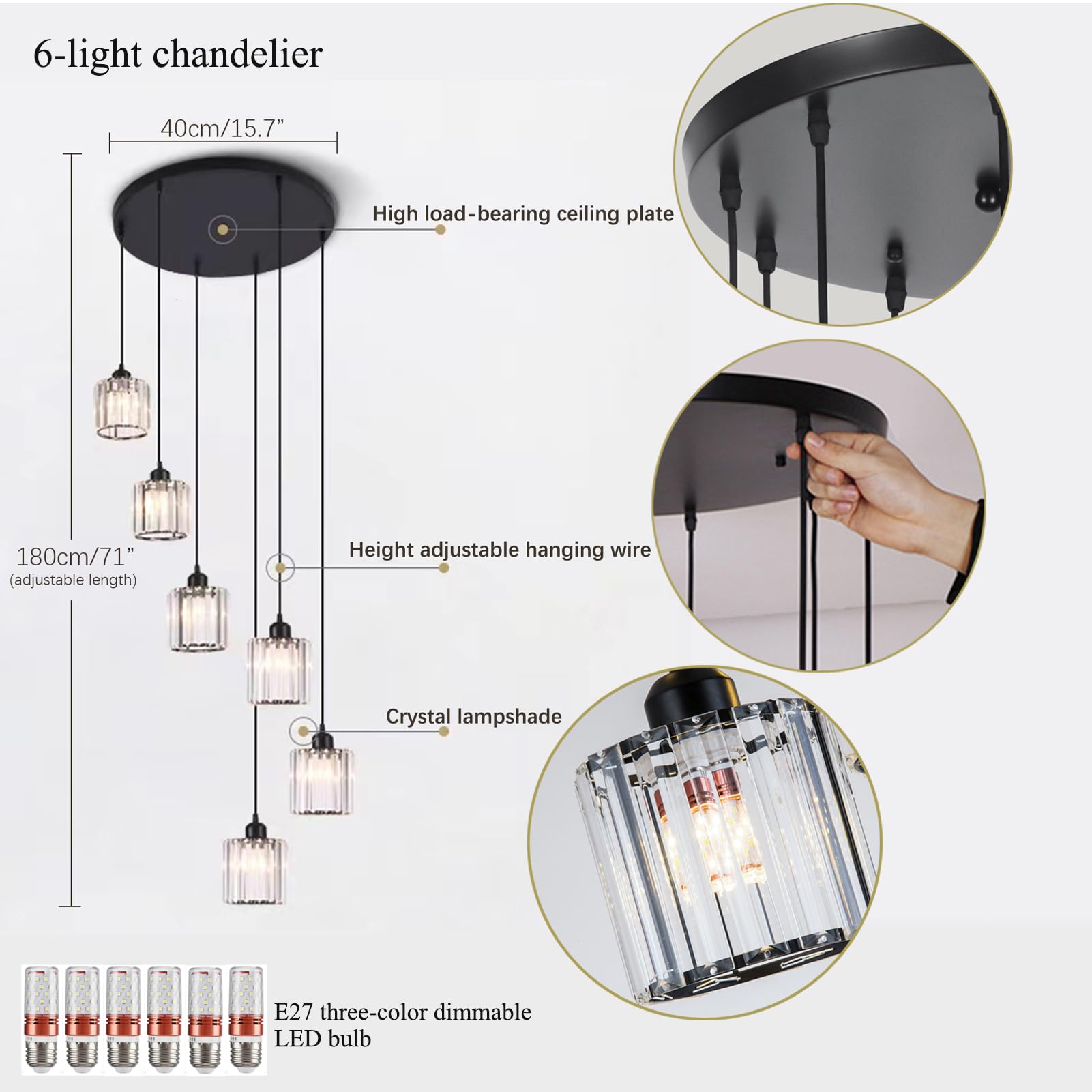 Meimond Modern Crystal Pendant Light - 6 Lights Metal Chandelier, Black, for High Ceilings, Foyer, Living Room, Model LTD-10