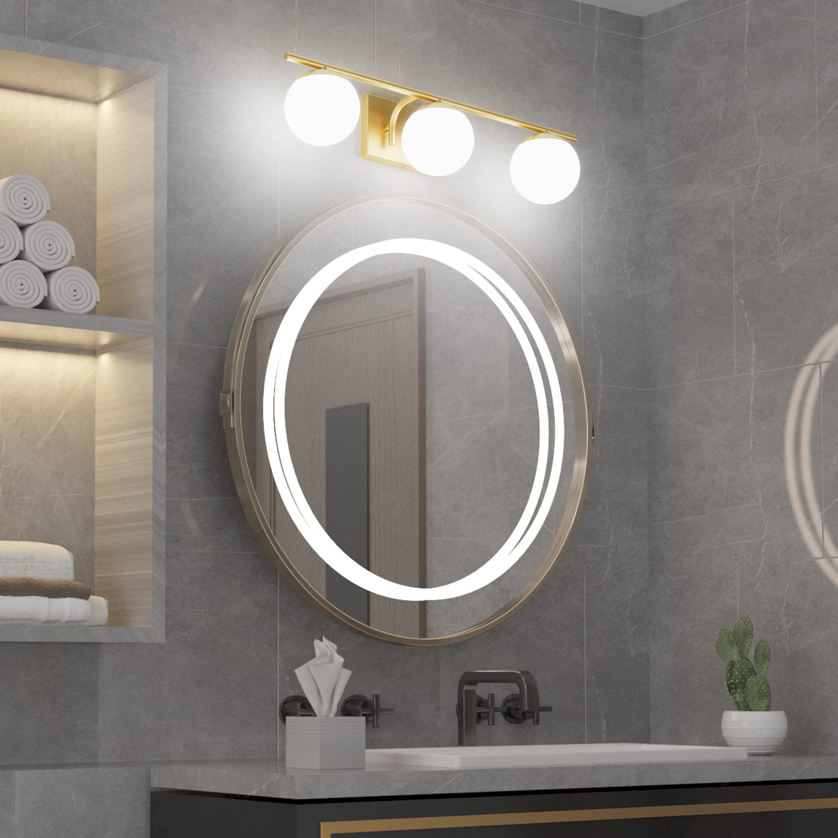 Ralbay Gold Vanity Lights - 3-Light Mid Century Modern Wall Lights, Metal, Milky Glass Globe, Model 1167, A-Gold