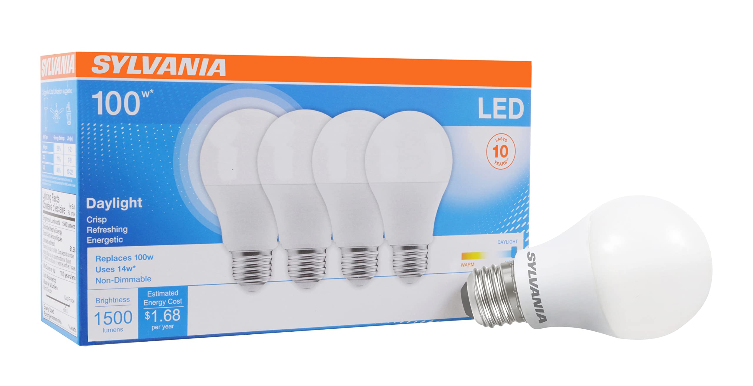 Sylvania Led A19 Light Bulb, 100W Equivalent, Efficient 14W, 1500 Lumens, Frosted Finish, Daylight - 4 Pack (78103)