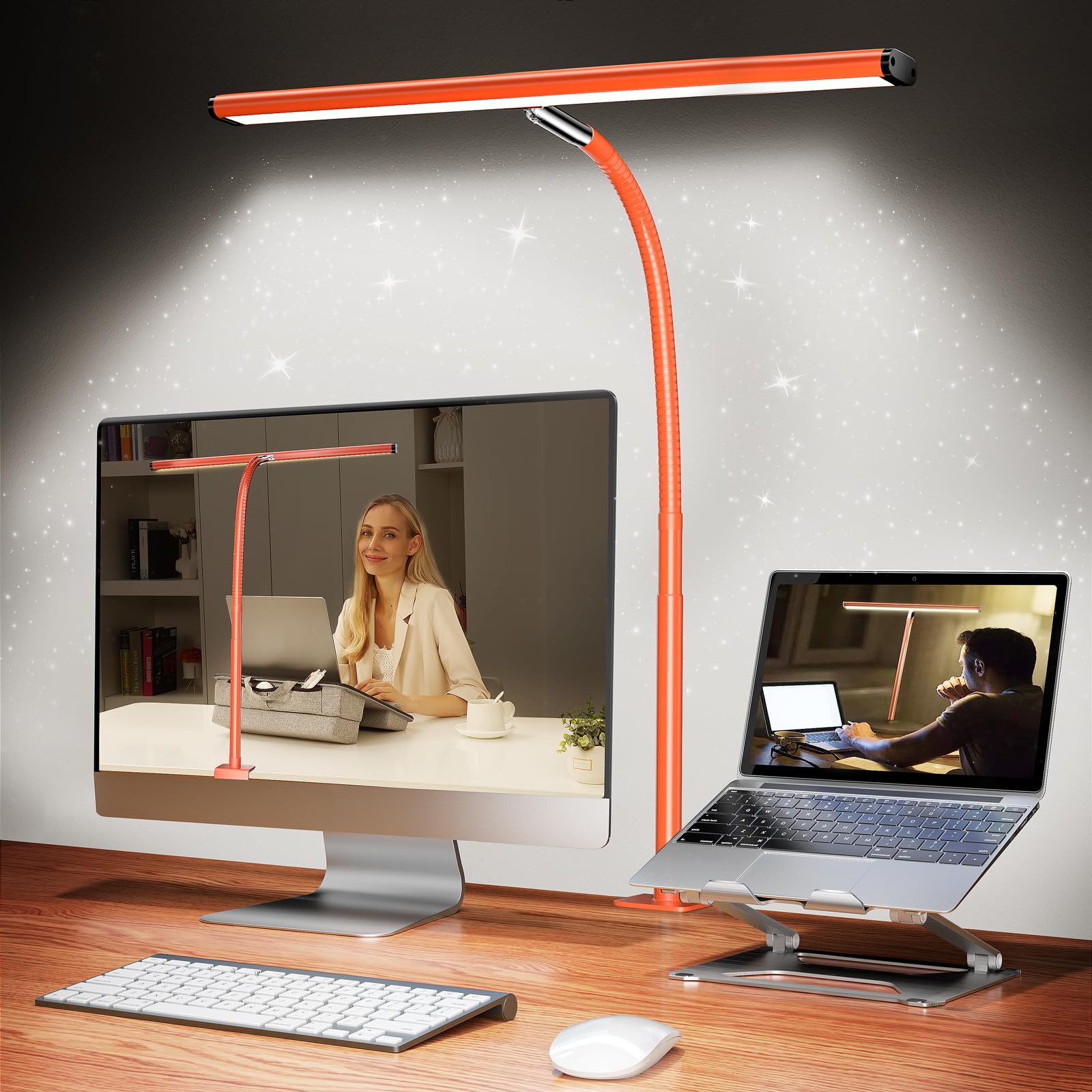 Airlonv LED Desk Lamp, Eye-Caring, Stepless Dimming, Gooseneck, Aluminum, Standard Size, Orange, Model HD-PL18DC1002