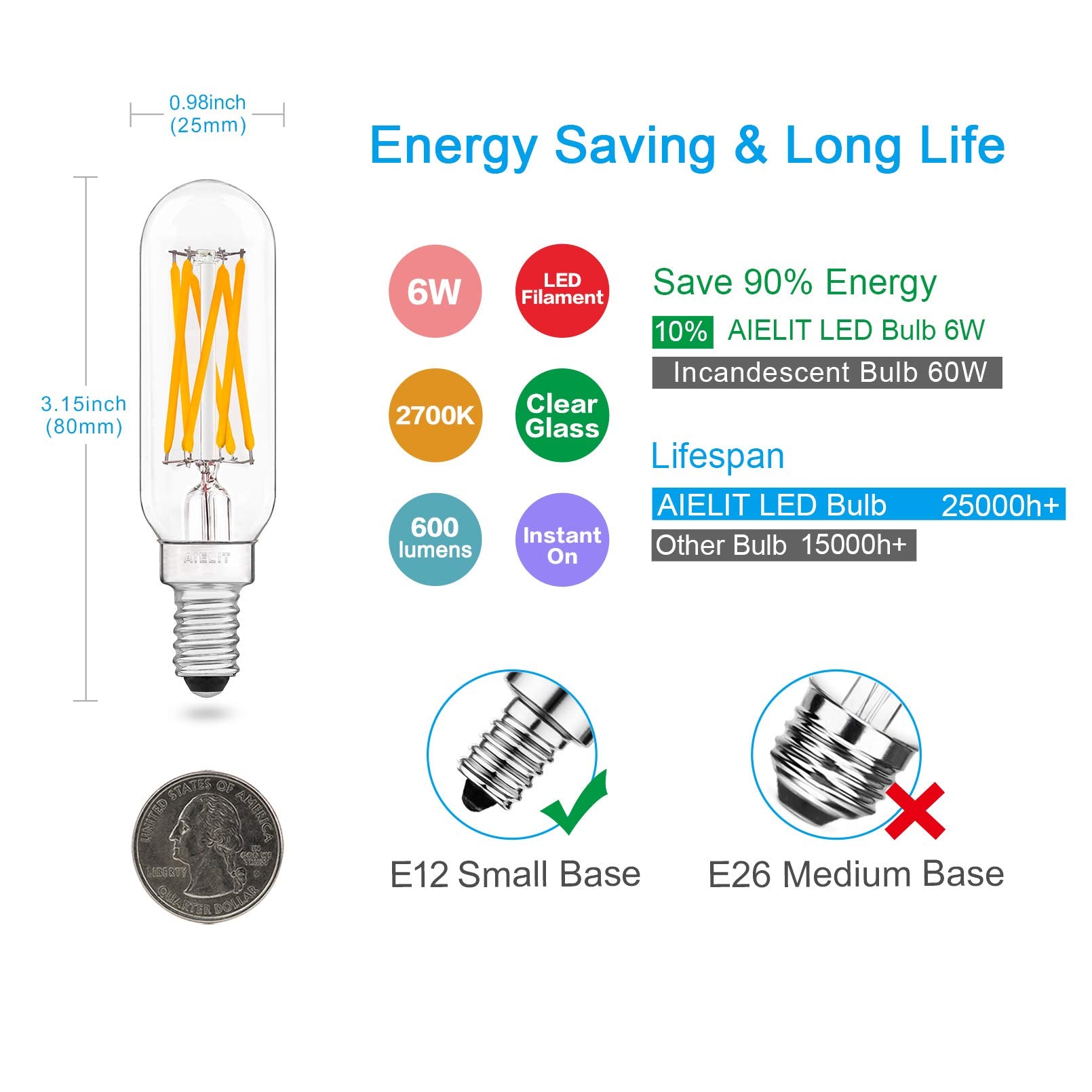 Aielit Dimmable 6W T8/T6/T25 Led Light Bulbs, E12 Candelabra Base, 60-Watt Equivalent Tube Warm White 2700K, 600 Lumens, Vintage