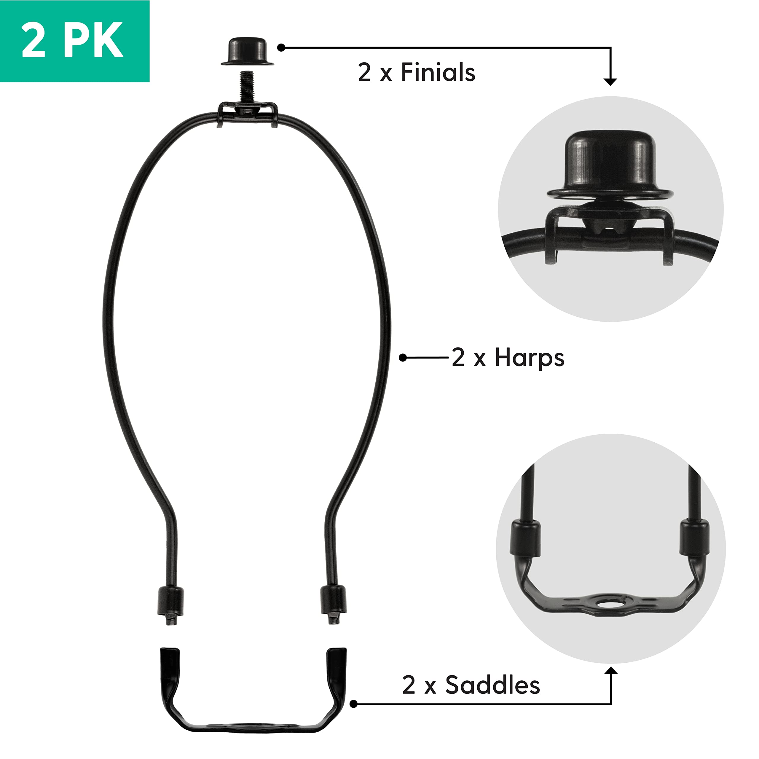 I Like That Lamp Complete 2 Pack - Black 12 Harp (13 - 15 Lampshade) - Includes Harp, Saddle Holder Base and Finial - Convert