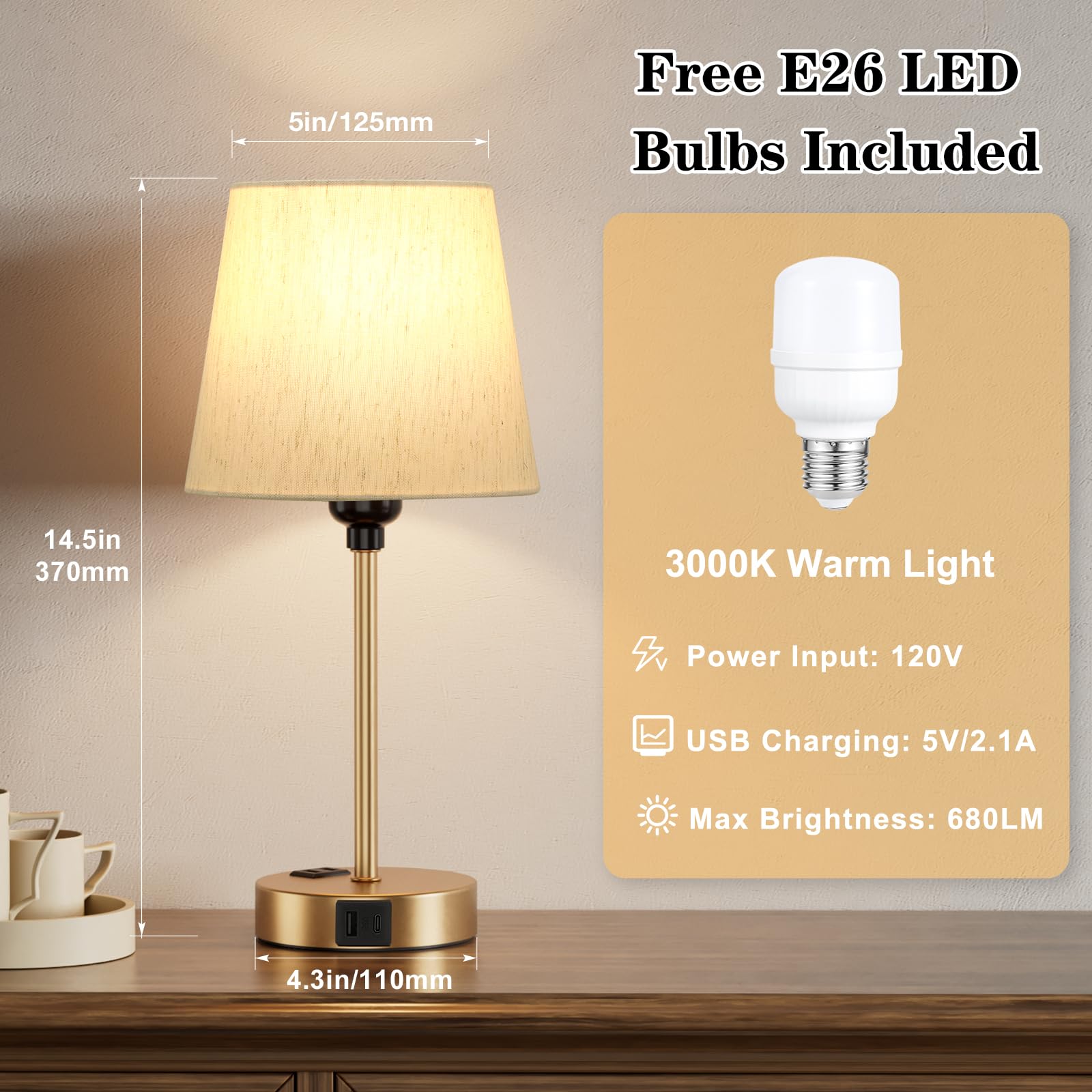 Acaxin Lamp For Bedrooms Set Of 2 - Nightstand Bedroom Lamp With Usb C Port And Ac Outlet Charging, 3 Way Dimmable Touch Control