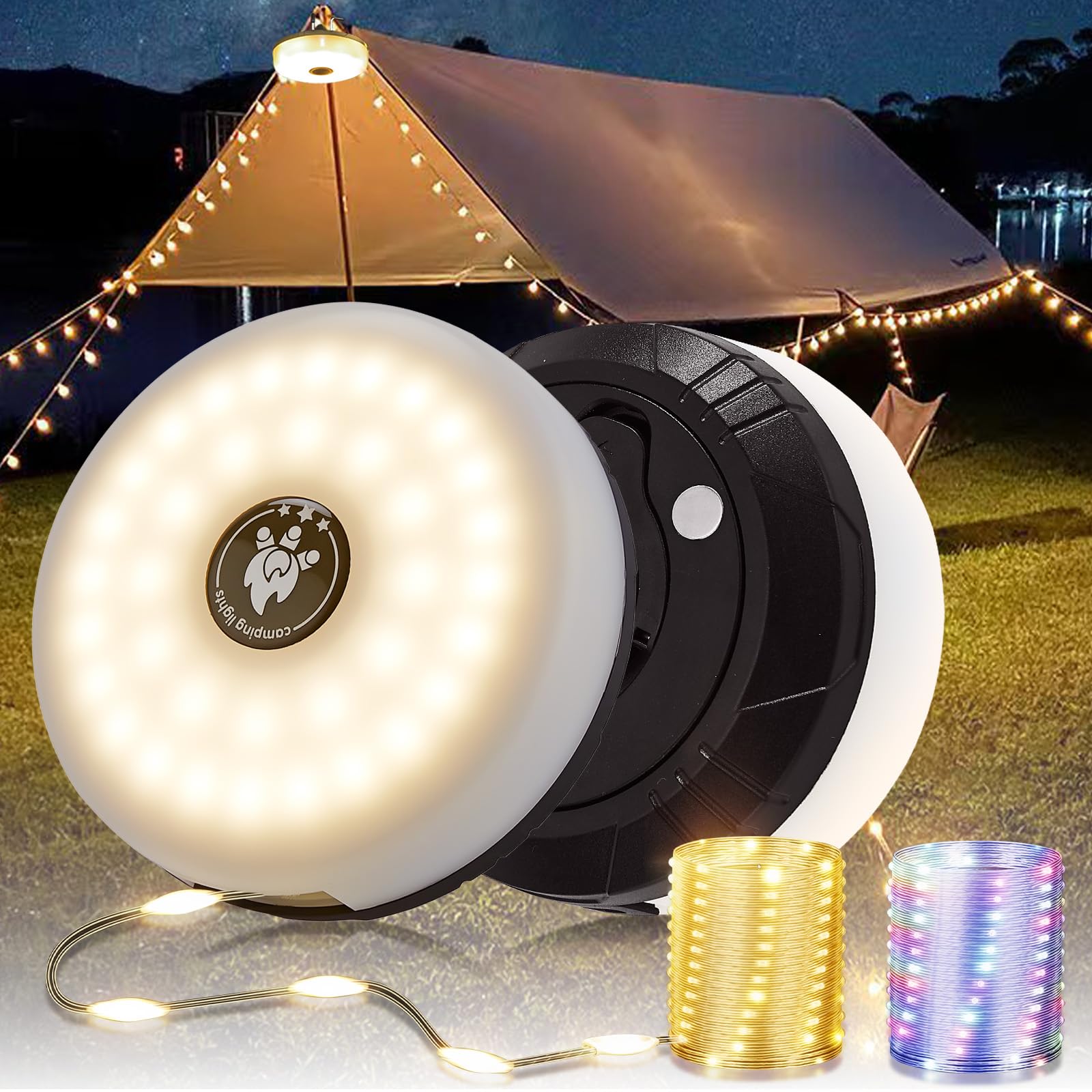 MDCMLKS 2-Pack Camping String Lights, 4-in-1 Portable Rechargeable, 8 Lighting Modes, 32.8FT Waterproof, Black, Model CSL-1