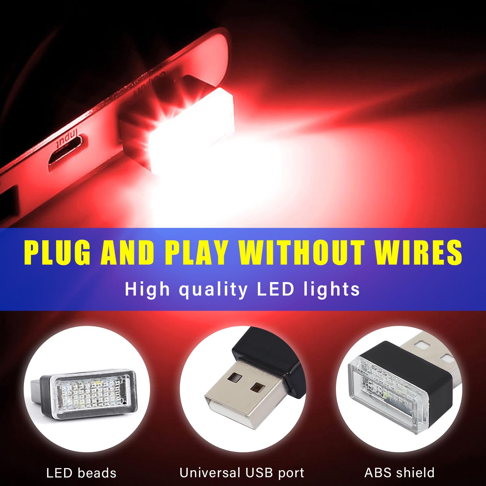 Augeny USB LED Car Interior Atmosphere Lamp Kit - Portable Night Light, Red & Blue, Universal Fit for Most Vehicles