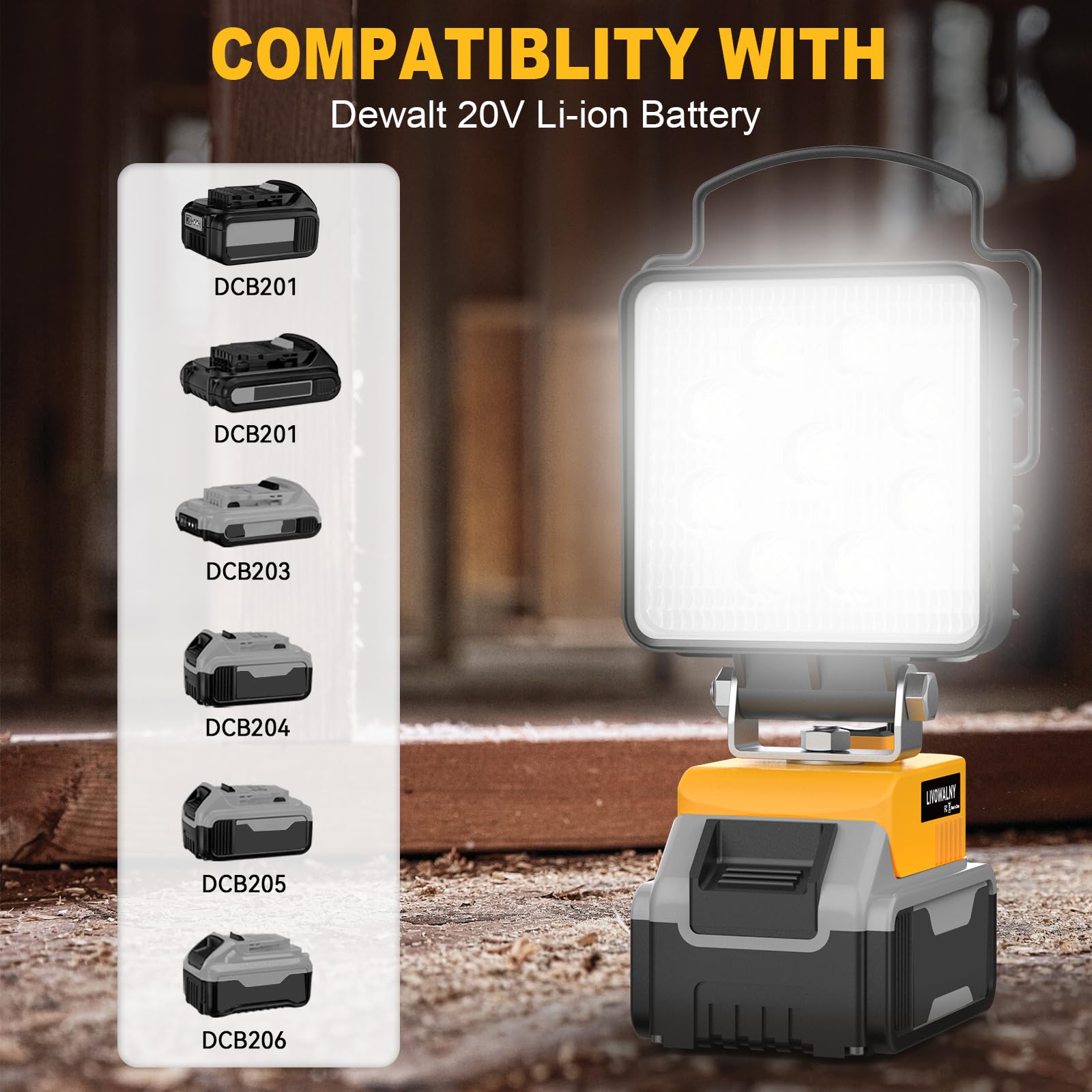 Livowalny Cordless 20V Max Led Work Light For Dewalt 20V Battery, 48W 4800Lm Flashlight, Led Flood Light, Battery Light With Usb And Type C Charging Port Led Light For Outdoors And Job Site Lighting