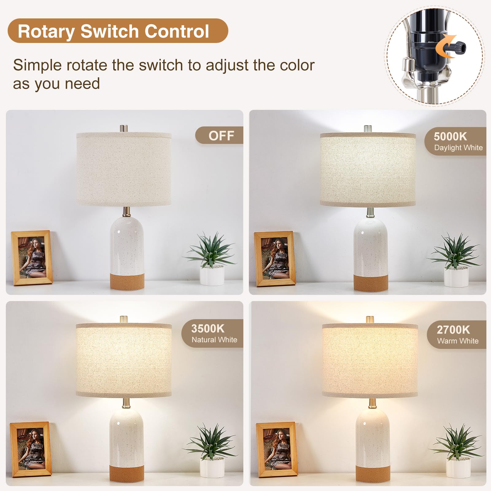 GyroVu Table Lamp 21.5" Ceramic Nightstand Light - 3 Color Temperatures, Orange White & Beige, 2 Pack for Bedroom, Kids Room, Home Office
