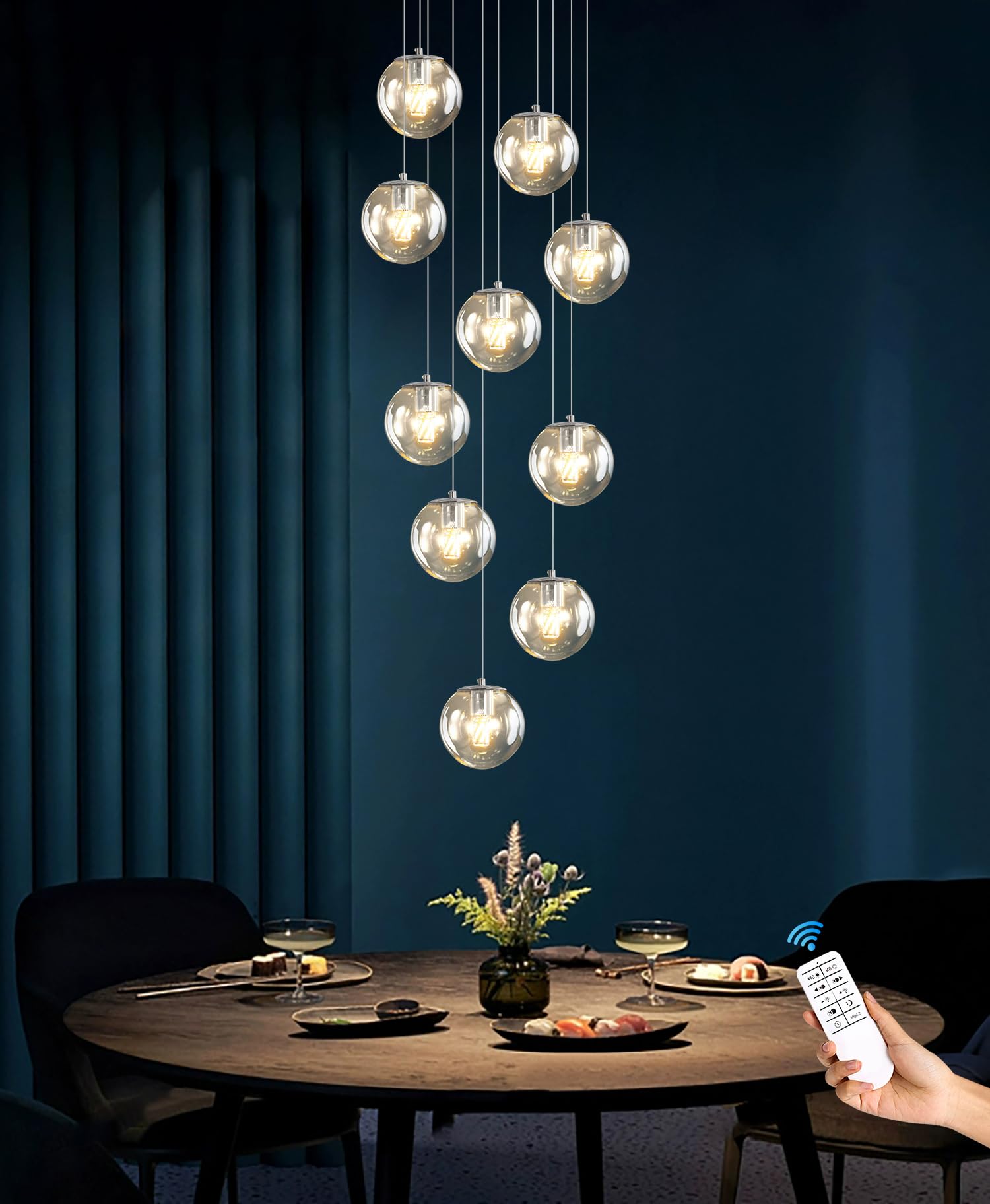 Ykolupty Silver Led Staircase Chandelier 10-Light Clear Glass Ball Chandelier Dimmable Pendant Lights Large Chandeliers For High