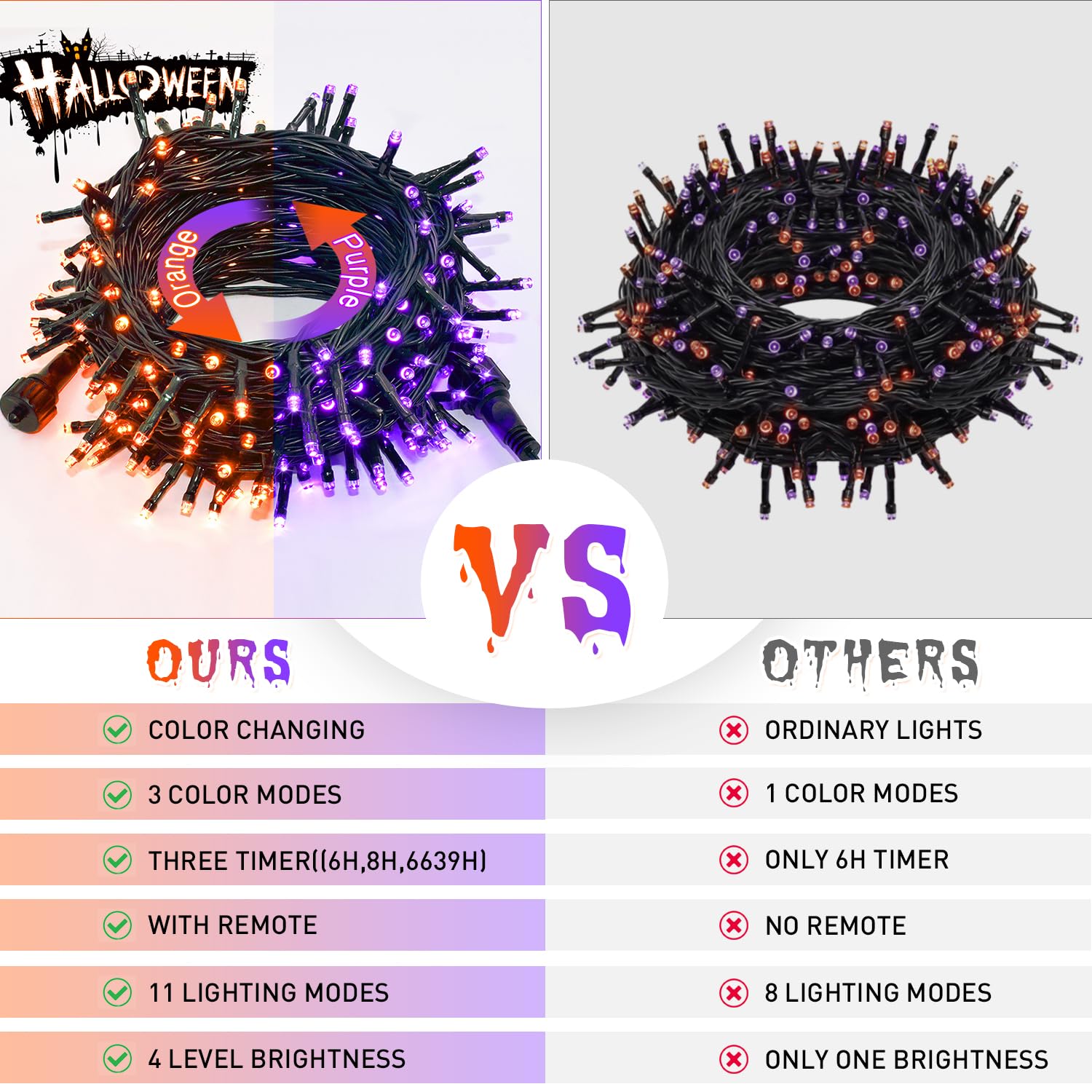 JMEXSUSS 200 LED Orange and Purple Halloween Lights Plug in, 66ft Connectable Color Changing Halloween String Lights with Remote