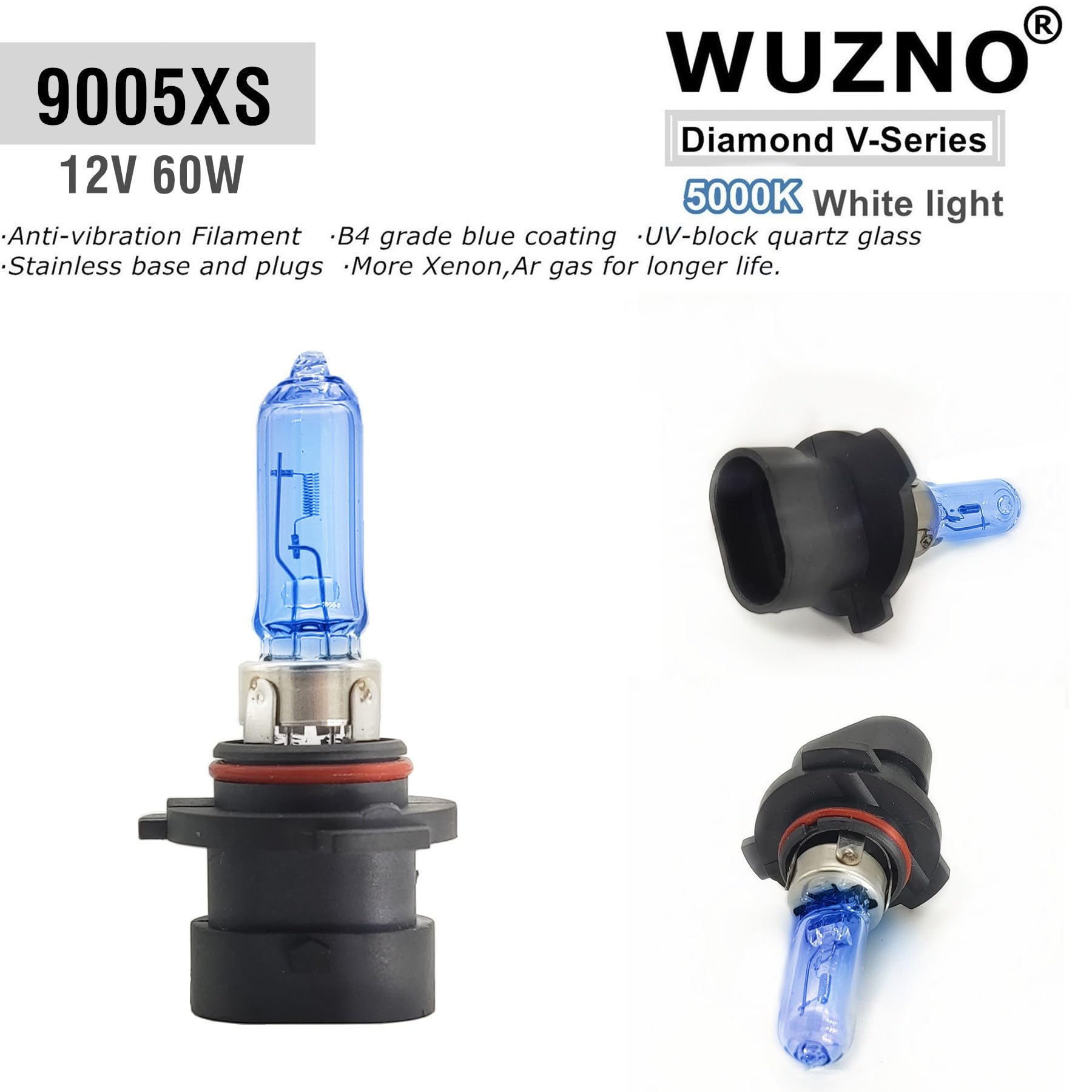 Wuzno 9005XS Halogen Headlight Bulb 12V 60W Super Bright 5000K 2-Pack Glass