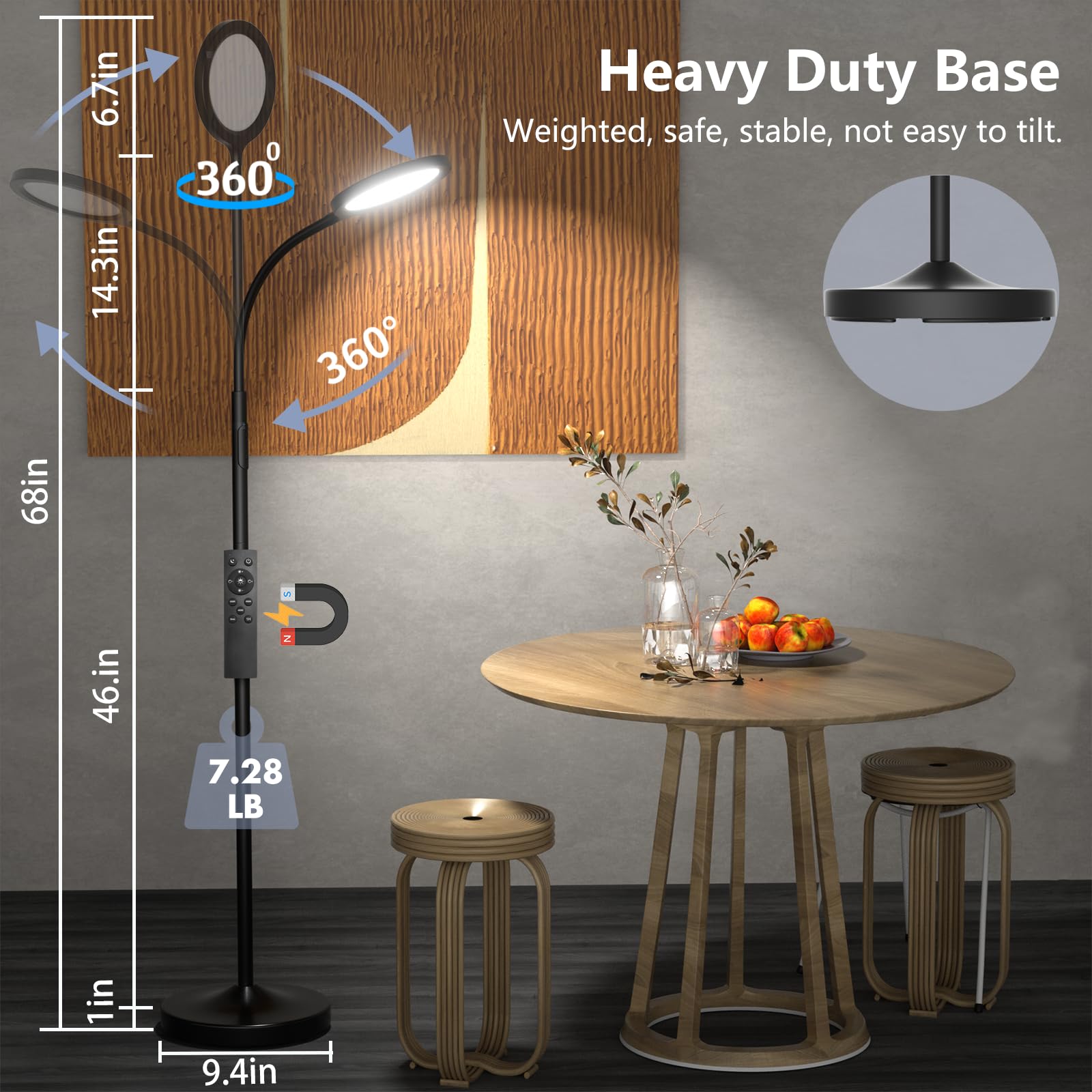 luckystyle Dimmable LED Floor Lamp, Adjustable Gooseneck, Remote Control, Black, Model LK-1006, Ideal for Living Room & Bedroom