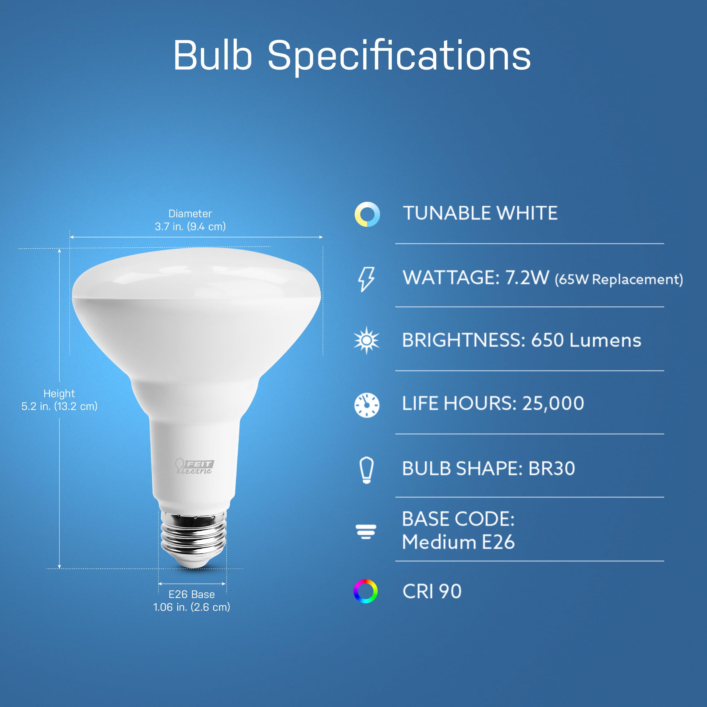 Feit Electric Br30 Smart Led Light Bulb, 60W Equivalent, Tunable White, Wi-Fi Enabled, Alexa & Google Home Compatible, E26 Base,