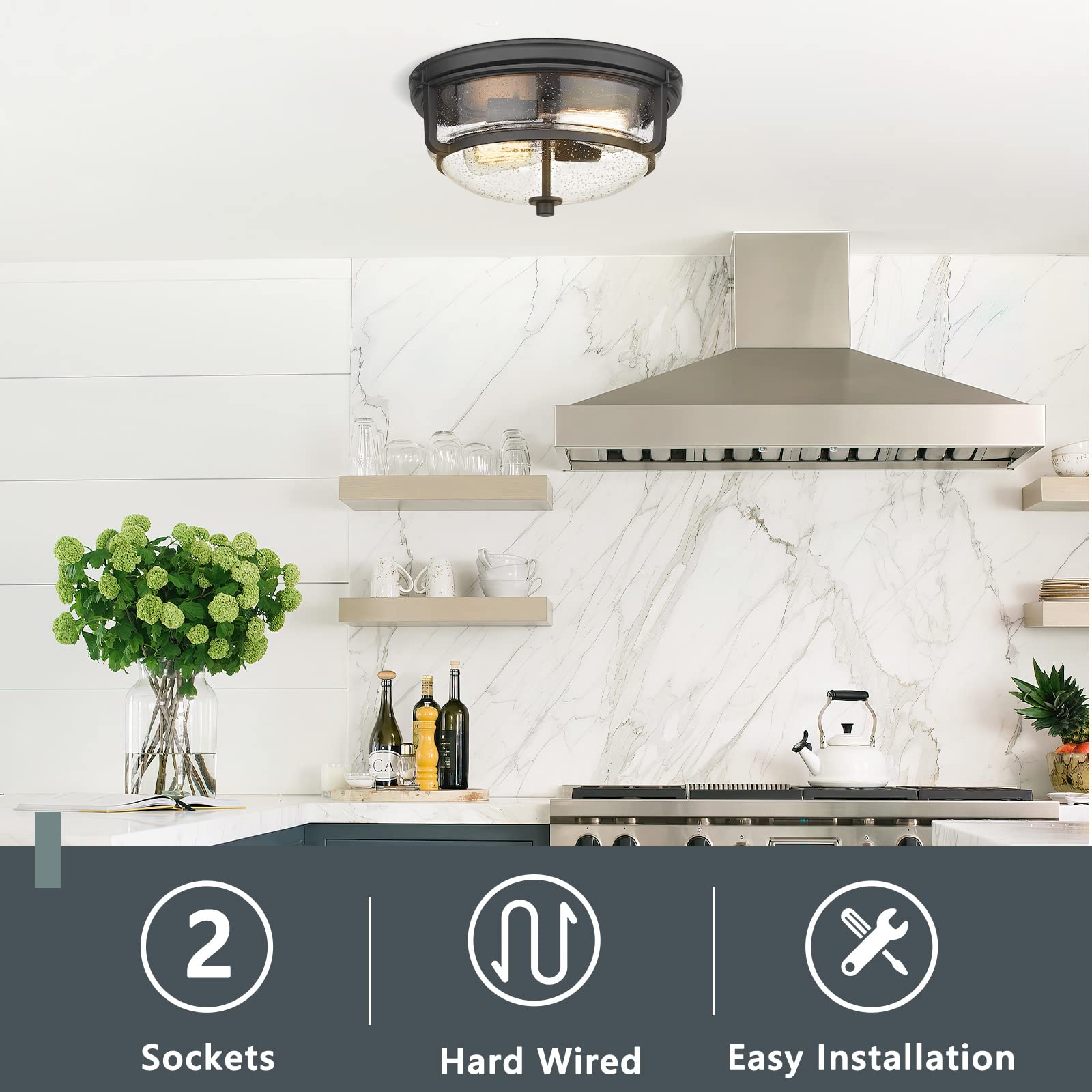 Emliviar 12&quot; Black Flush Mount Ceiling Light With Seeded Glass Shade For Indoor/Outdoor Use